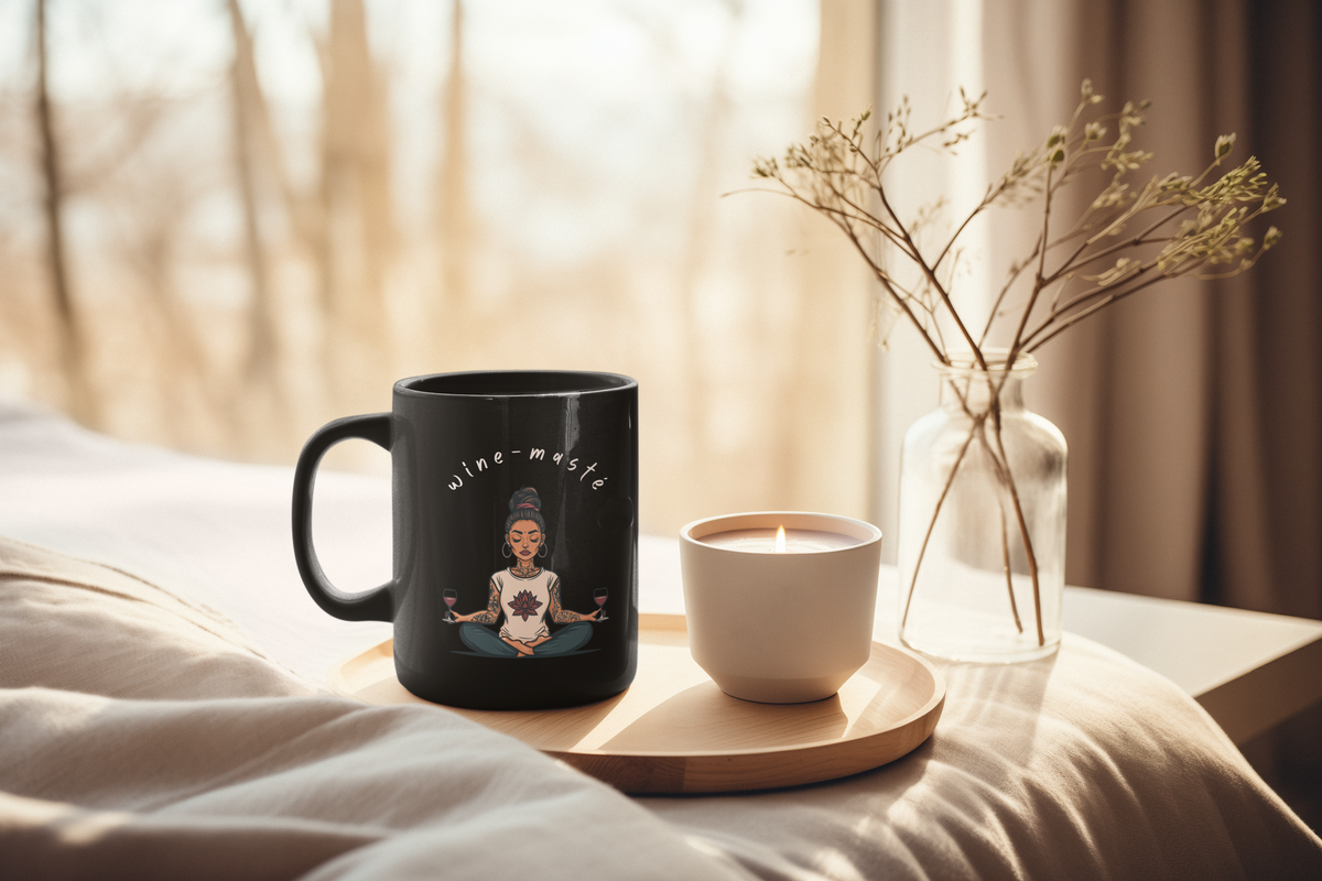 Yoga & Wine Black 11oz Coffee Mug - Meditation Mug I Funny Yoga Coffee Cup I Wellness Gift I Wine Lover's Gift I Yogini Mug