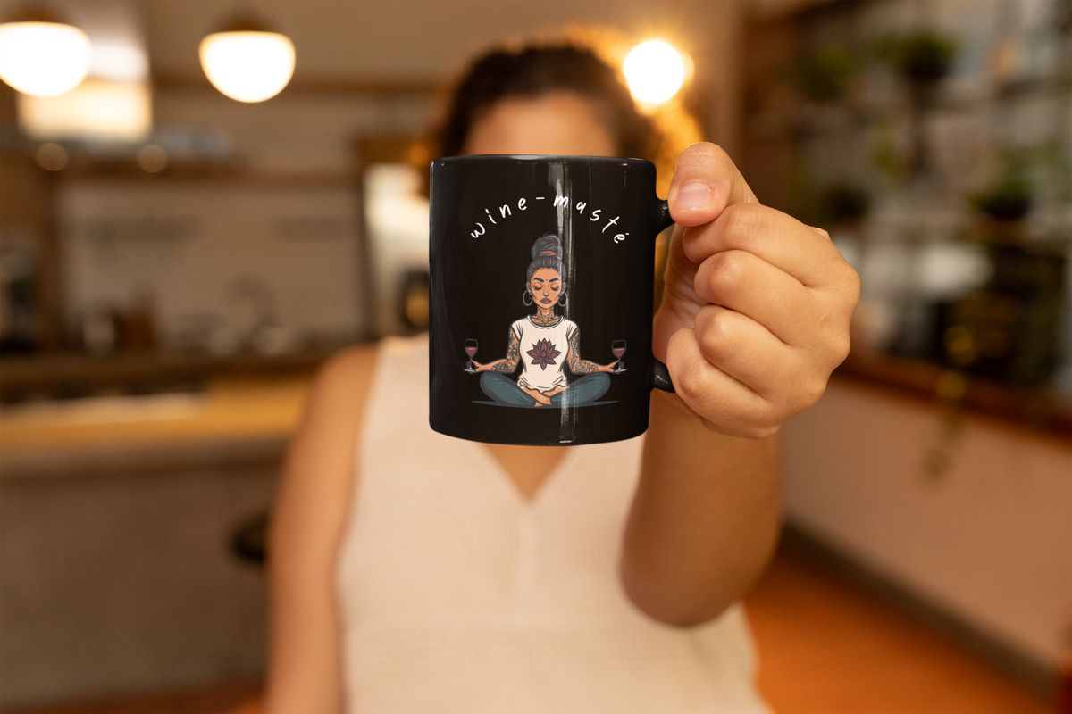 Yoga & Wine Black 11oz Coffee Mug - Meditation Mug I Funny Yoga Coffee Cup I Wellness Gift I Wine Lover's Gift I Yogini Mug