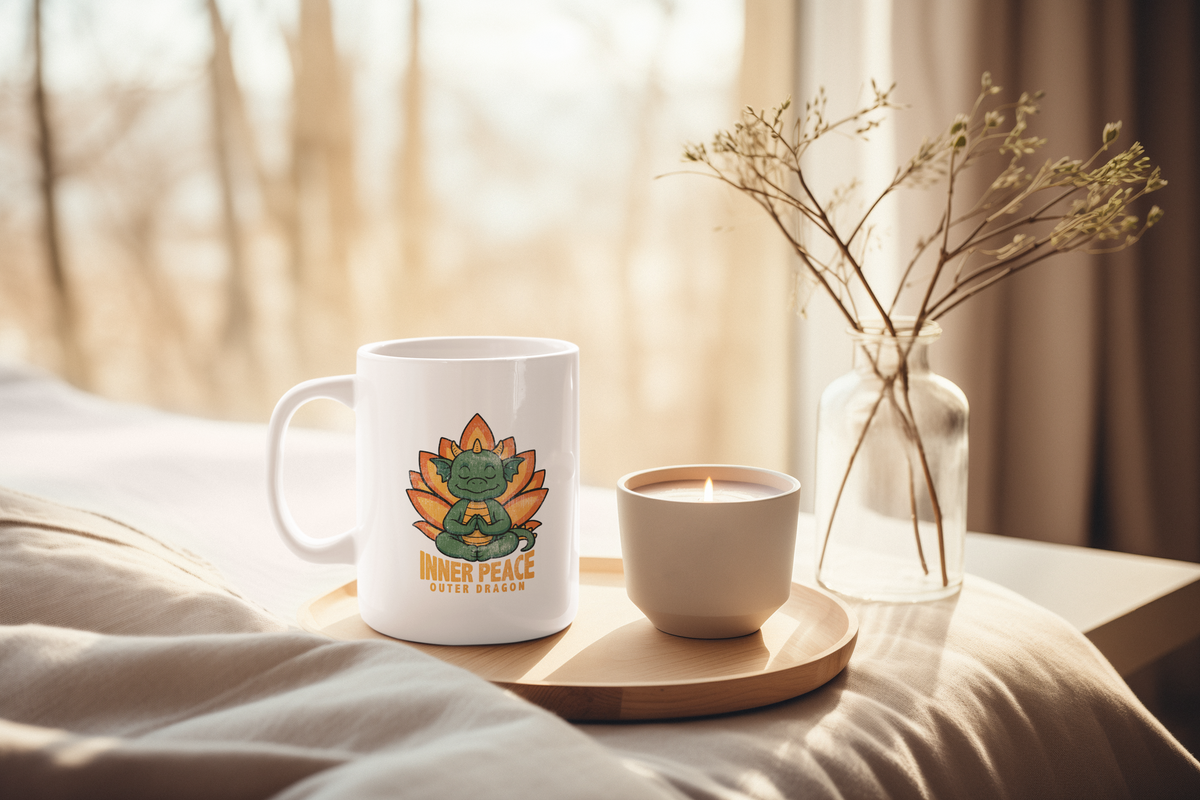 Inner Peace Outer Dragon Mug — Cute Meditating Dragon 11oz Coffee Cup I Retro Lotus Gift For Yogi