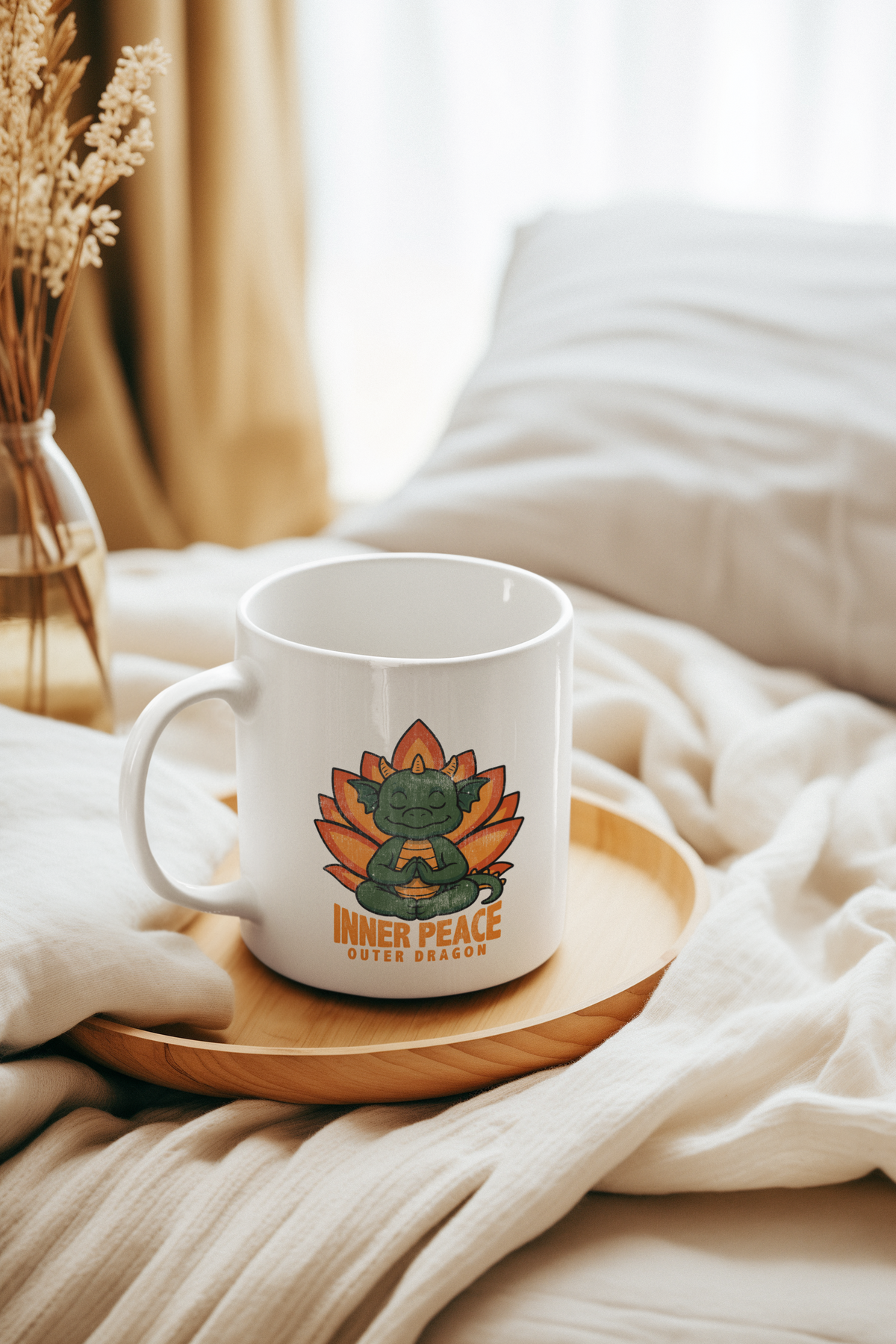 Inner Peace Outer Dragon Mug — Cute Meditating Dragon 11oz Coffee Cup I Retro Lotus Gift For Yogi