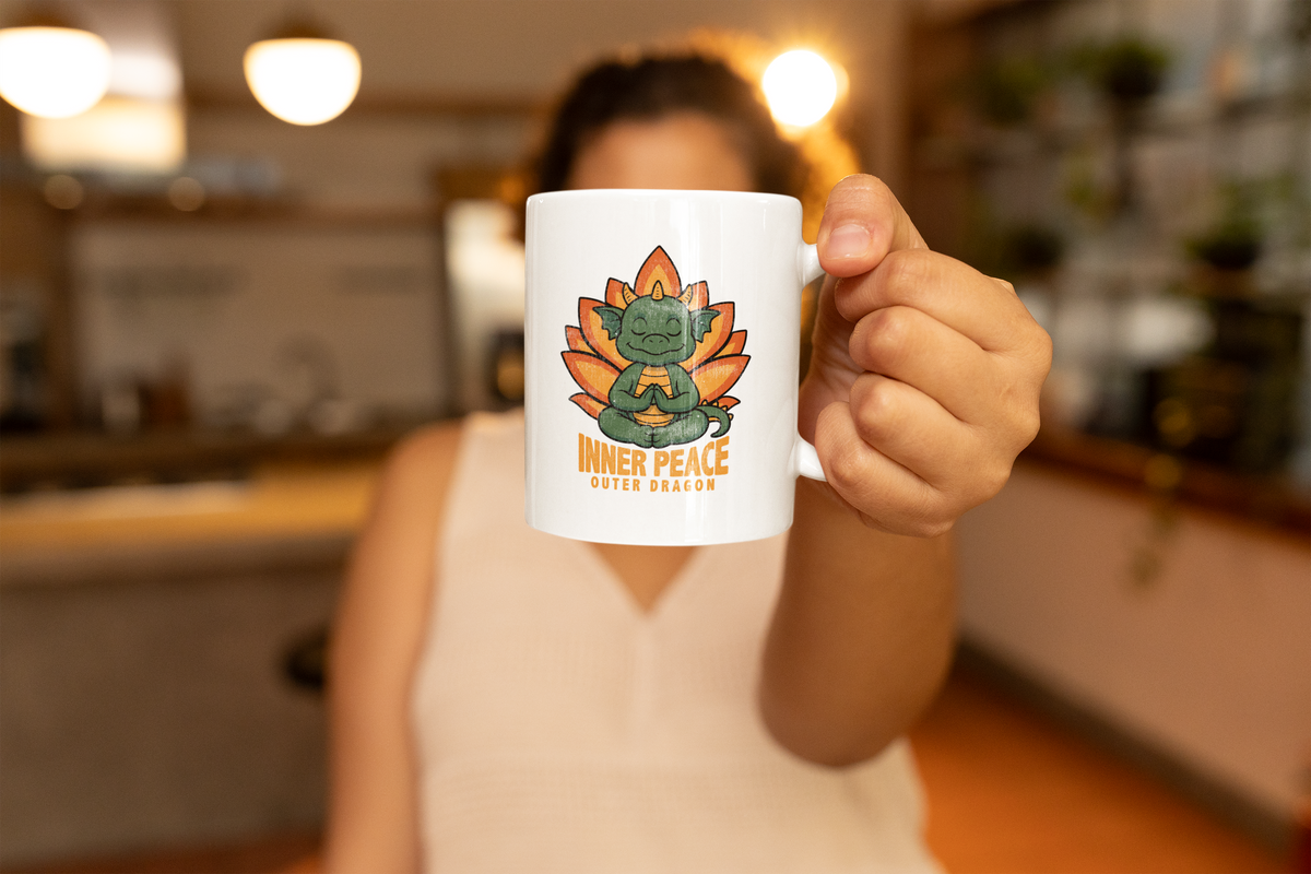 Inner Peace Outer Dragon Mug — Cute Meditating Dragon 11oz Coffee Cup I Retro Lotus Gift For Yogi