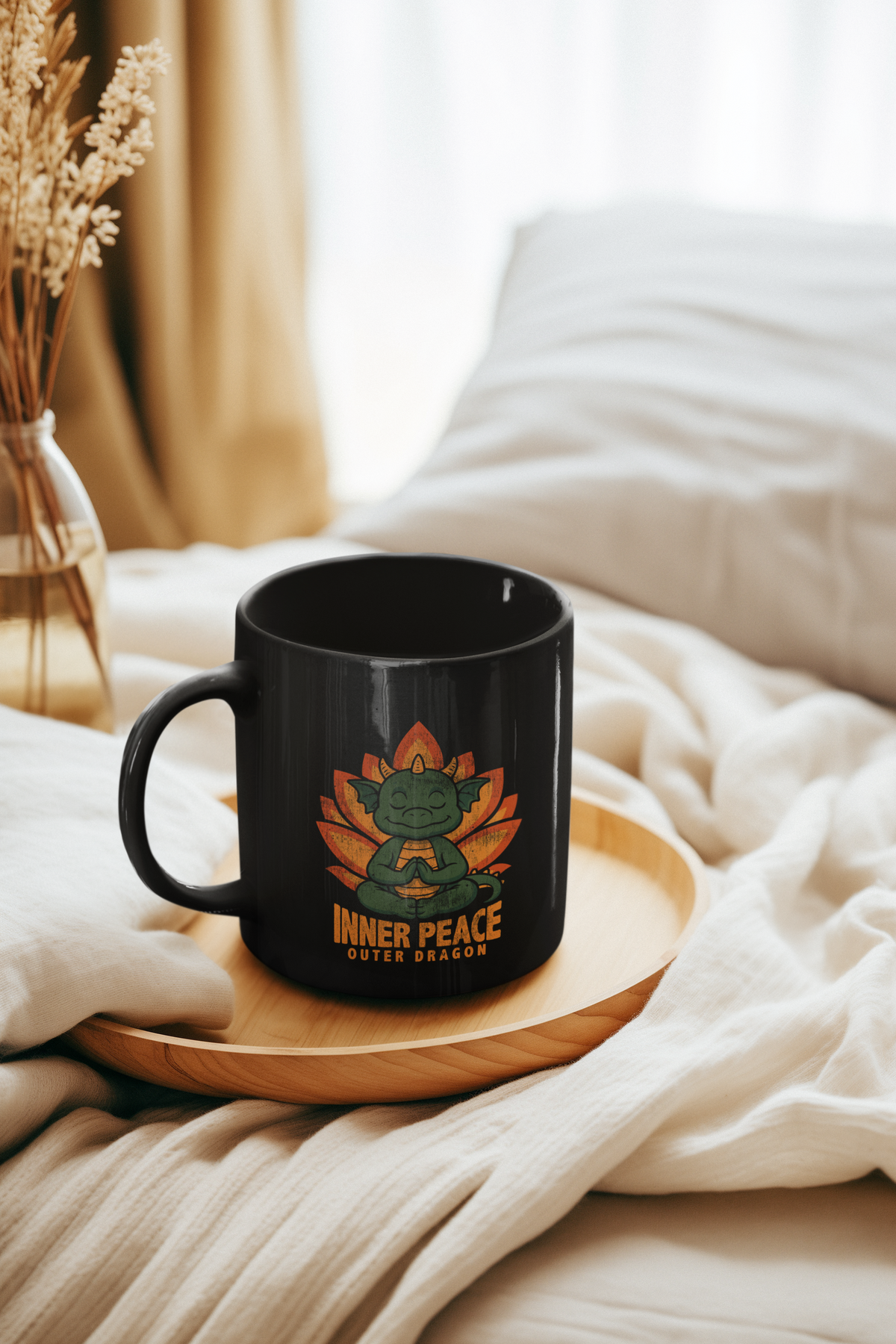 Inner Peace Outer Dragon Coffee Mug — Black 11oz Yoga  Cup I Retro Dragon Gift For Yogi I Meditating Dragon Mug