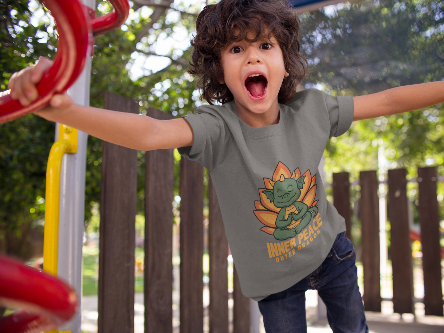 Inner Peace Outer Dragon Kids Yoga T-Shirt - Cute Meditating Dragon Kids Shirt I Girls, Boys Retro Yoga Tee