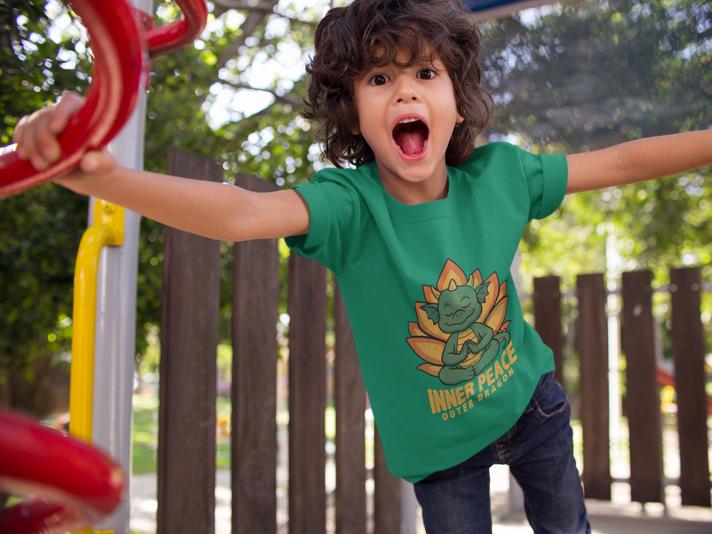 Inner Peace Outer Dragon Kids Yoga T-Shirt - Cute Meditating Dragon Kids Shirt I Girls, Boys Retro Yoga Tee