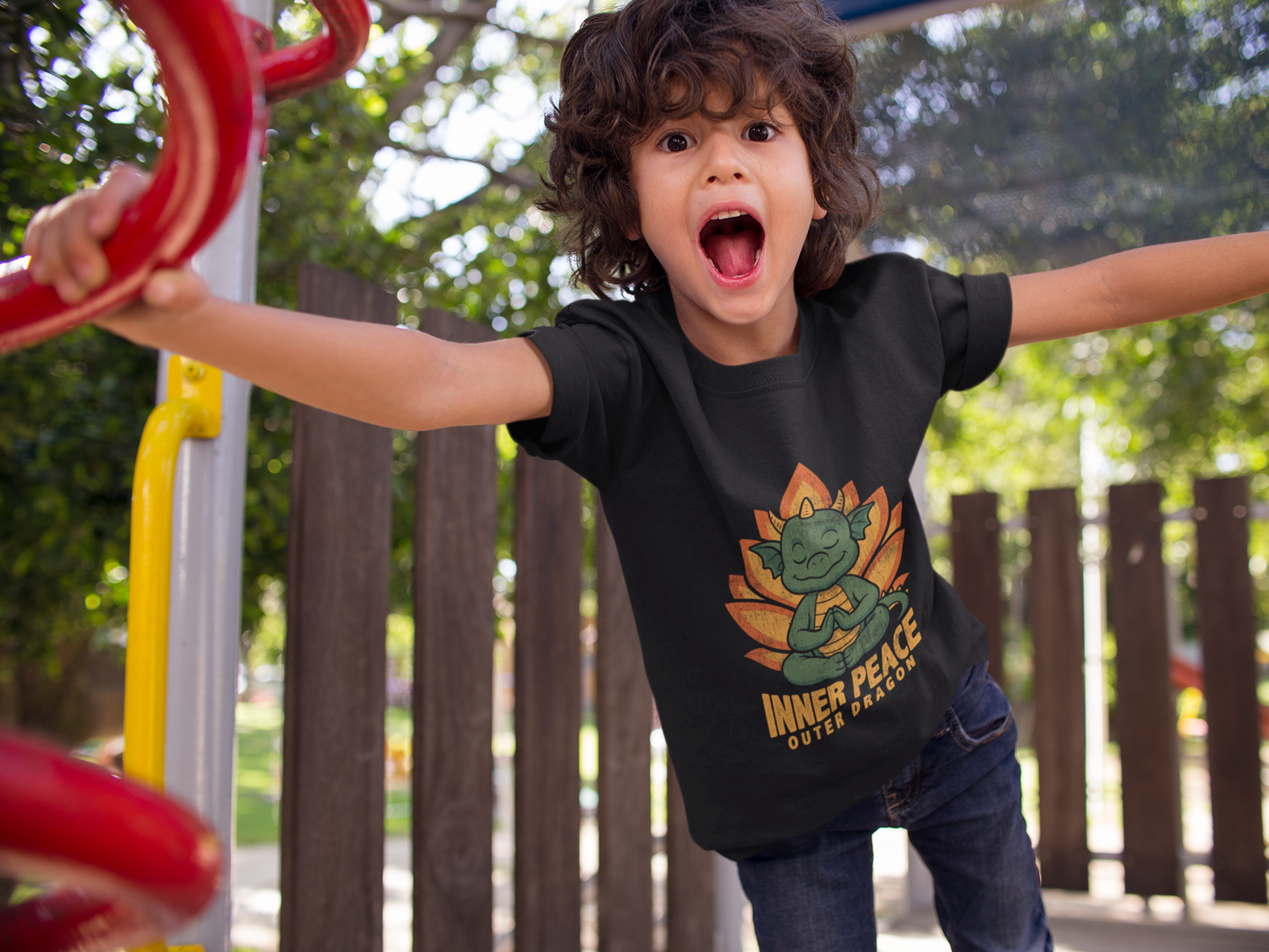 Inner Peace Outer Dragon Kids Yoga T-Shirt - Cute Meditating Dragon Kids Shirt I Girls, Boys Retro Yoga Tee
