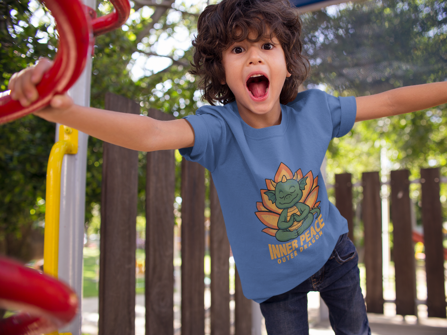 Inner Peace Outer Dragon Kids Yoga T-Shirt - Cute Meditating Dragon Kids Shirt I Girls, Boys Retro Yoga Tee