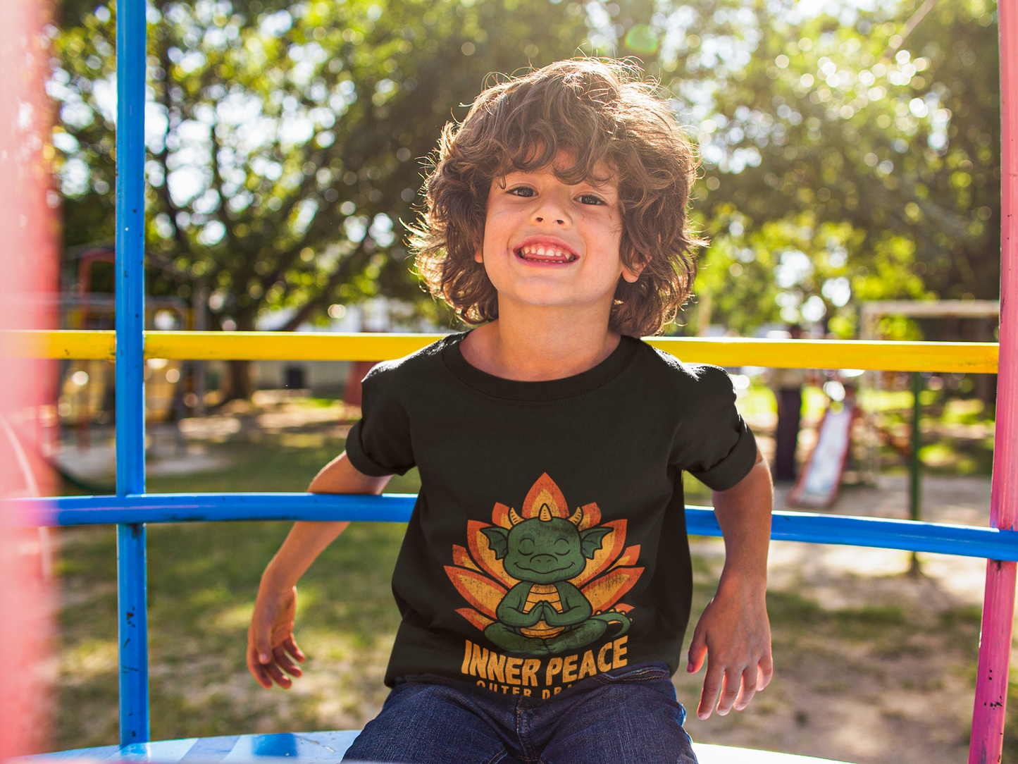 Inner Peace Outer Dragon Kids Yoga T-Shirt - Cute Meditating Dragon Kids Shirt I Girls, Boys Retro Yoga Tee