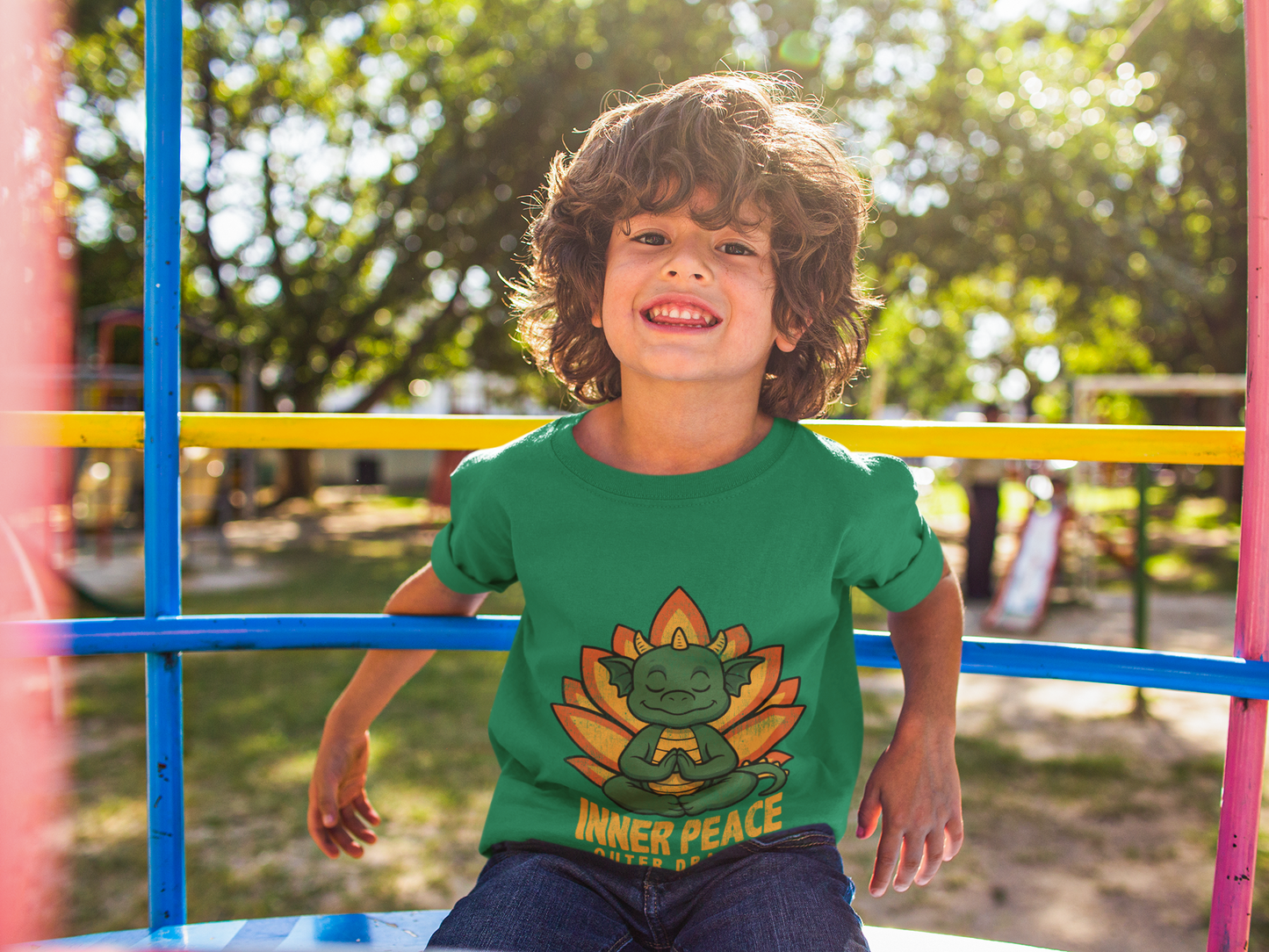 Inner Peace Outer Dragon Kids Yoga T-Shirt - Cute Meditating Dragon Kids Shirt I Girls, Boys Retro Yoga Tee