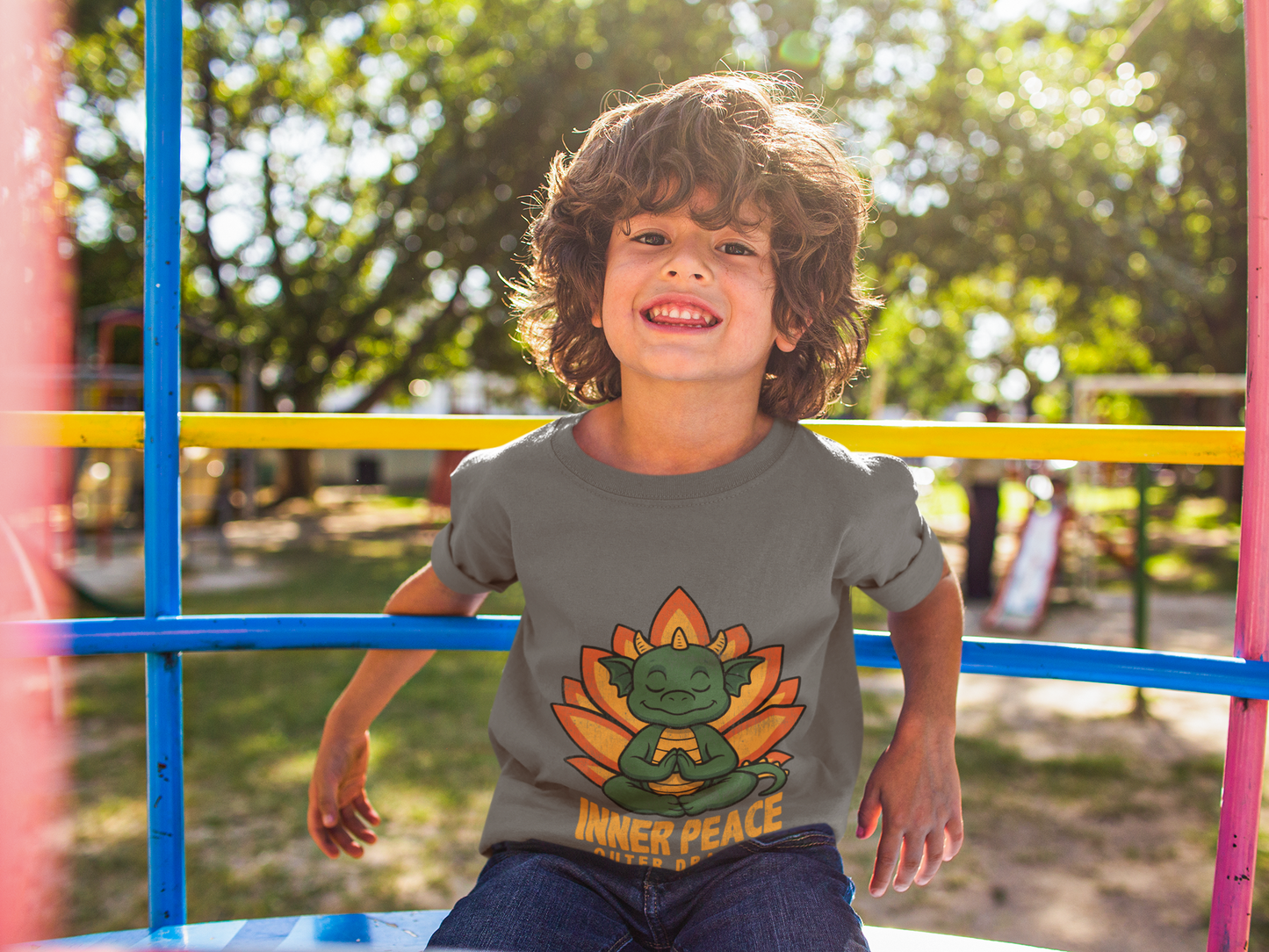 Inner Peace Outer Dragon Kids Yoga T-Shirt - Cute Meditating Dragon Kids Shirt I Girls, Boys Retro Yoga Tee