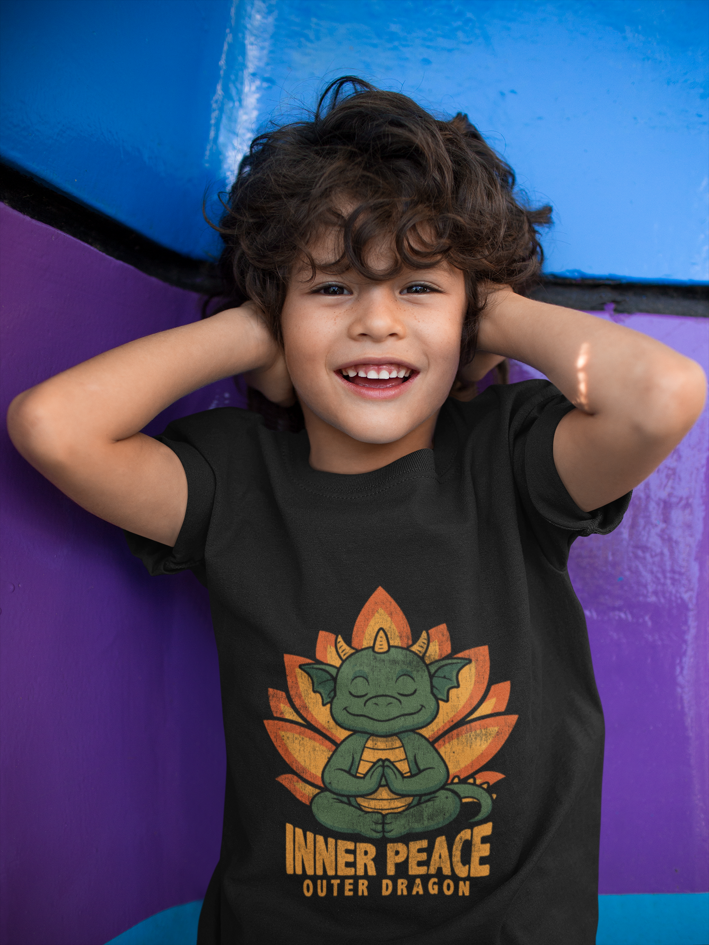 Inner Peace Outer Dragon Kids Yoga T-Shirt - Cute Meditating Dragon Kids Shirt I Girls, Boys Retro Yoga Tee