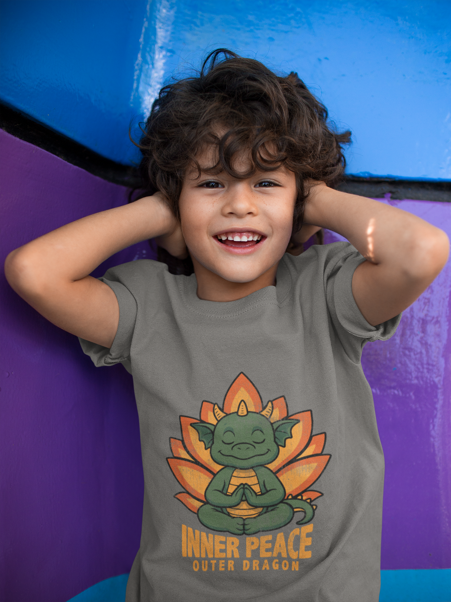 Inner Peace Outer Dragon Kids Yoga T-Shirt - Cute Meditating Dragon Kids Shirt I Girls, Boys Retro Yoga Tee