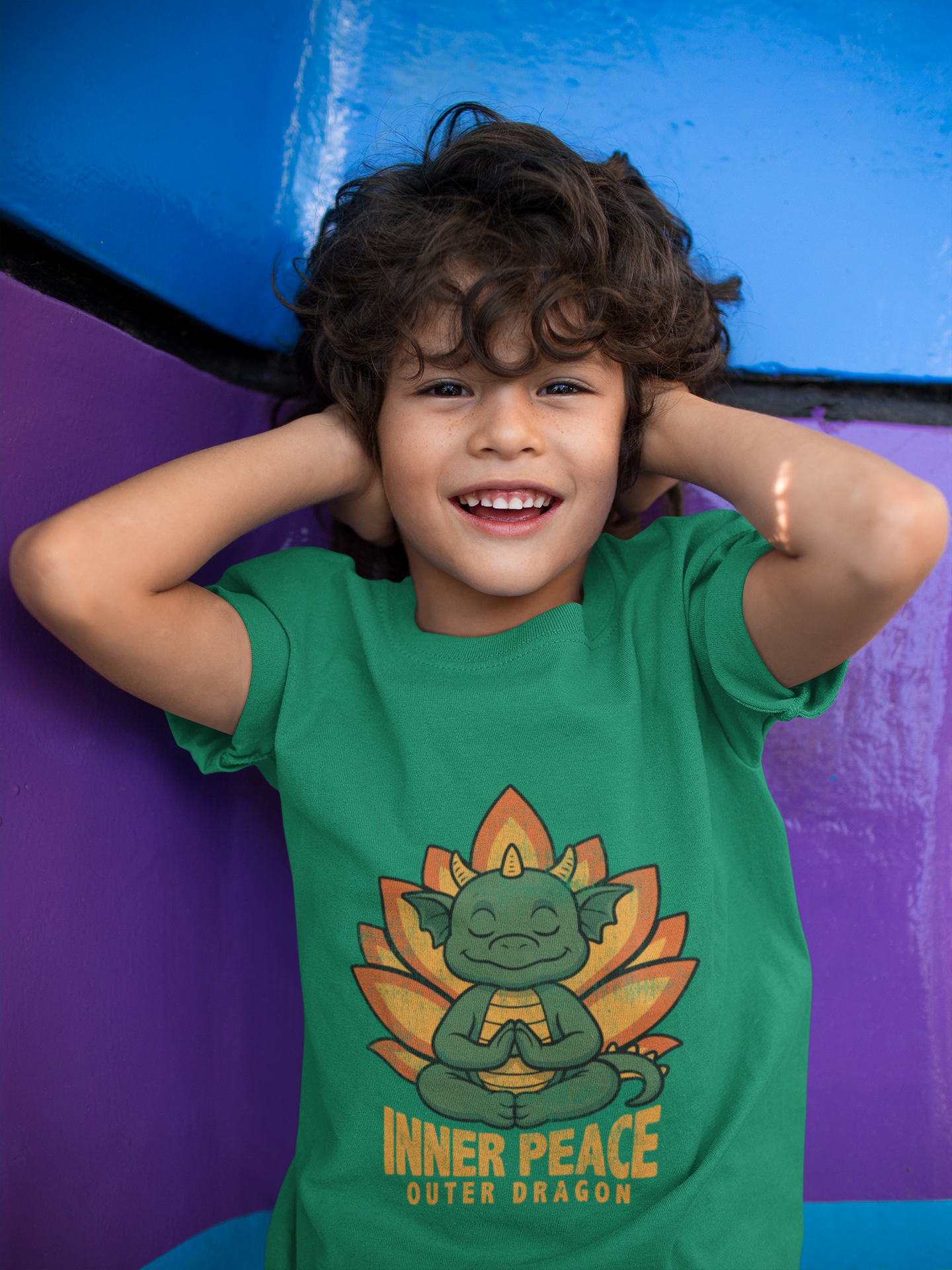 Inner Peace Outer Dragon Kids Yoga T-Shirt - Cute Meditating Dragon Kids Shirt I Girls, Boys Retro Yoga Tee