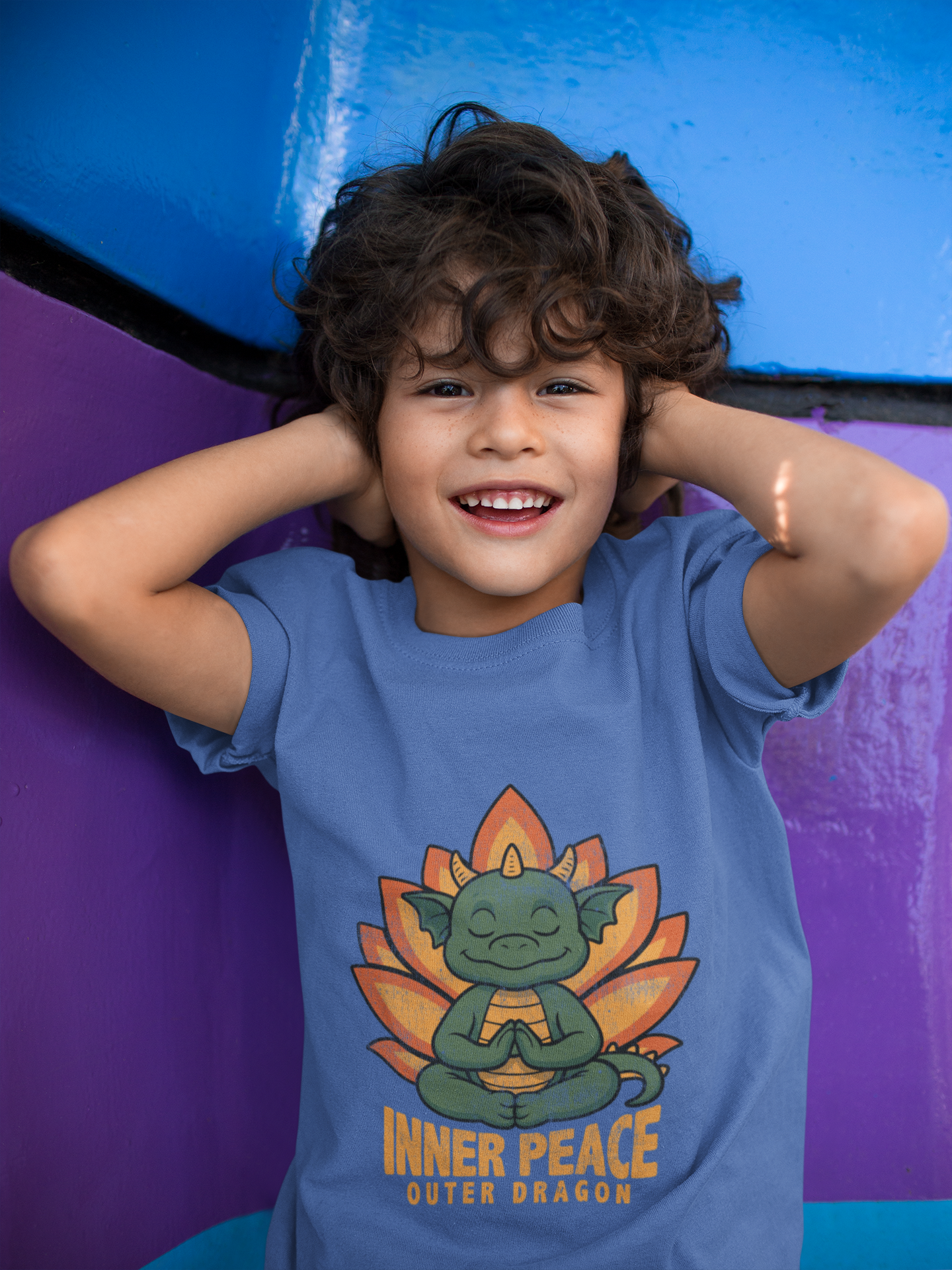 Inner Peace Outer Dragon Kids Yoga T-Shirt - Cute Meditating Dragon Kids Shirt I Girls, Boys Retro Yoga Tee
