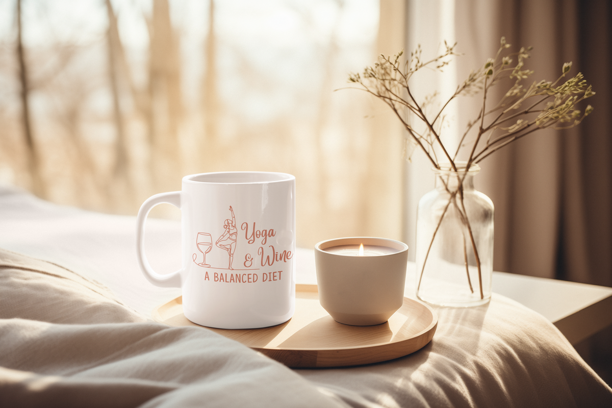 Yoga & Wine Mug — "A Balanced Diet" 11oz Ceramic Coffee Cup I Funny Yoga Mug I Meditation Gift For Yogi