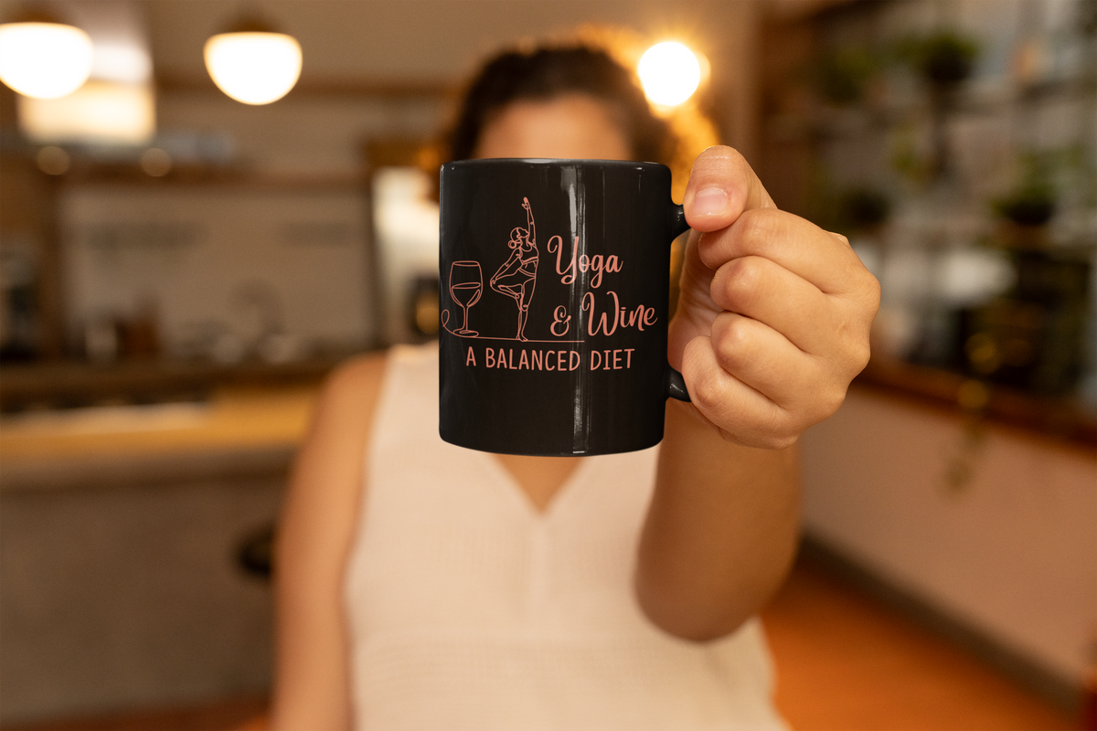Yoga & Wine Mug — "A Balanced Diet" Black 11oz Coffee Cup I Funny Yoga Mug I Meditation Gift For Yogi