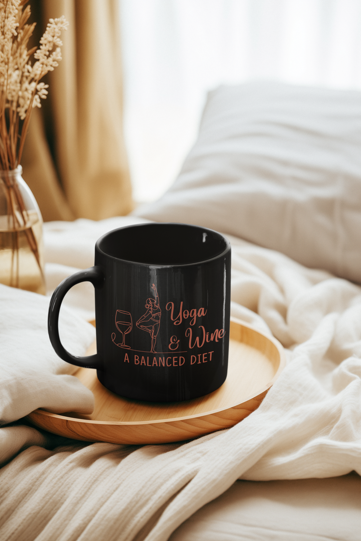 Yoga & Wine Mug — "A Balanced Diet" Black 11oz Coffee Cup I Funny Yoga Mug I Meditation Gift For Yogi
