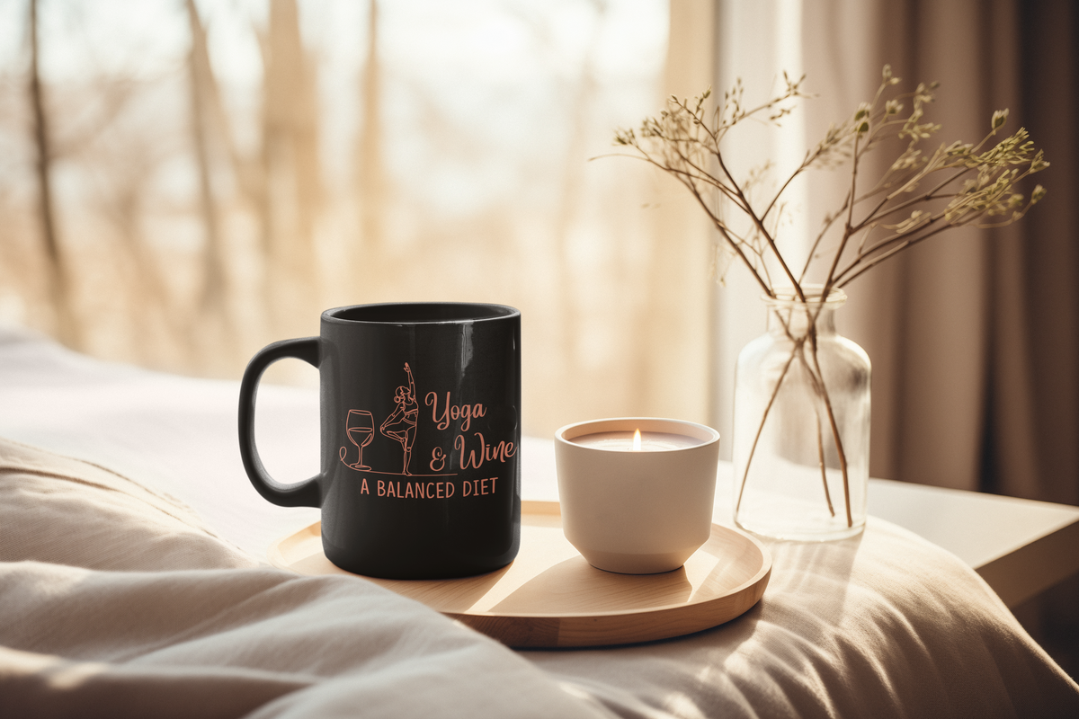 Yoga & Wine Mug — "A Balanced Diet" Black 11oz Coffee Cup I Funny Yoga Mug I Meditation Gift For Yogi