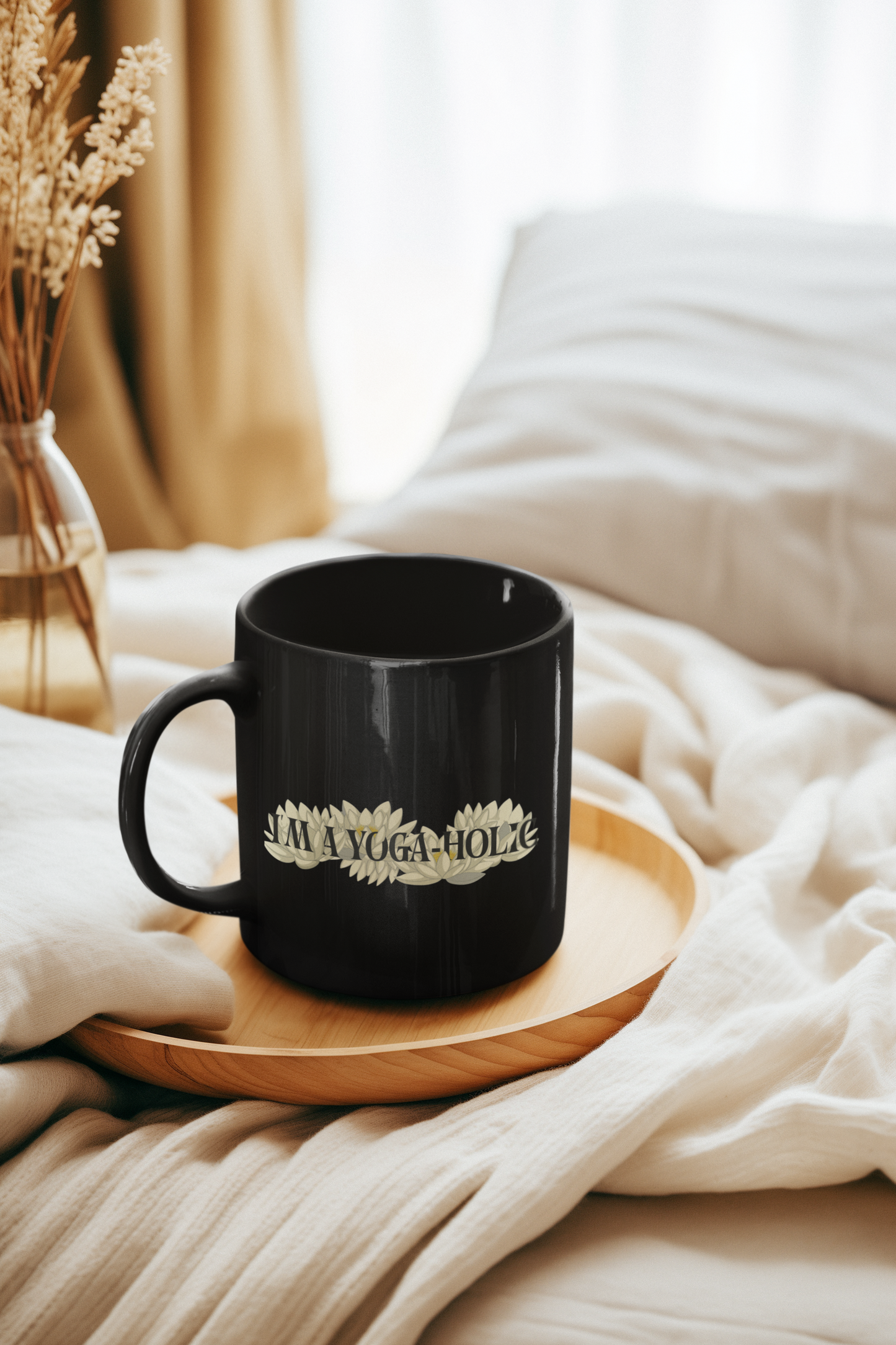 A Yoga-Holic Black Coffee Mug – "I'm A Yoga-Holic" Floral Cup I 11oz Funny Lotus Yoga Mug I Meditation Gift