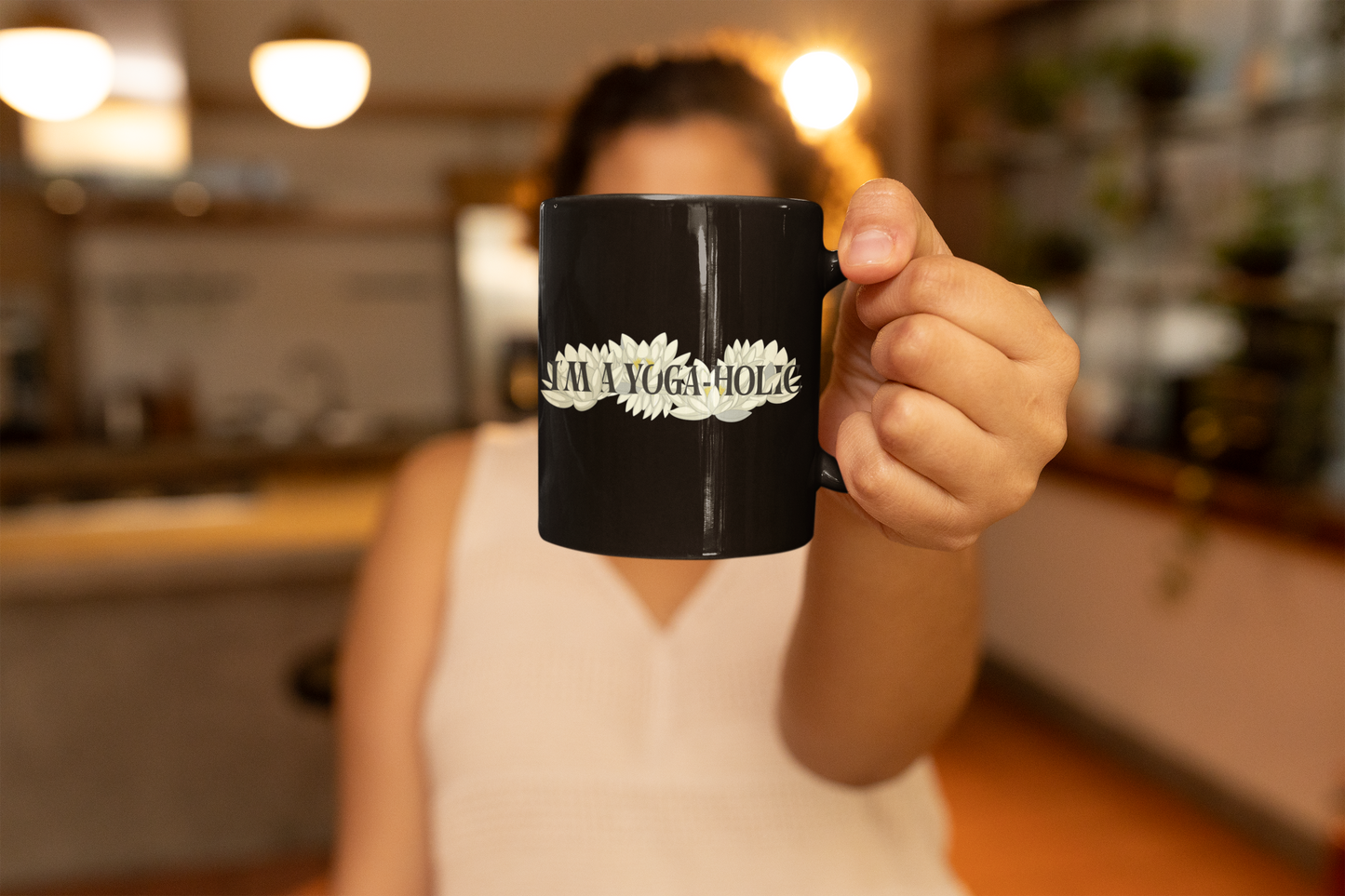 A Yoga-Holic Black Coffee Mug – "I'm A Yoga-Holic" Floral Cup I 11oz Funny Lotus Yoga Mug I Meditation Gift