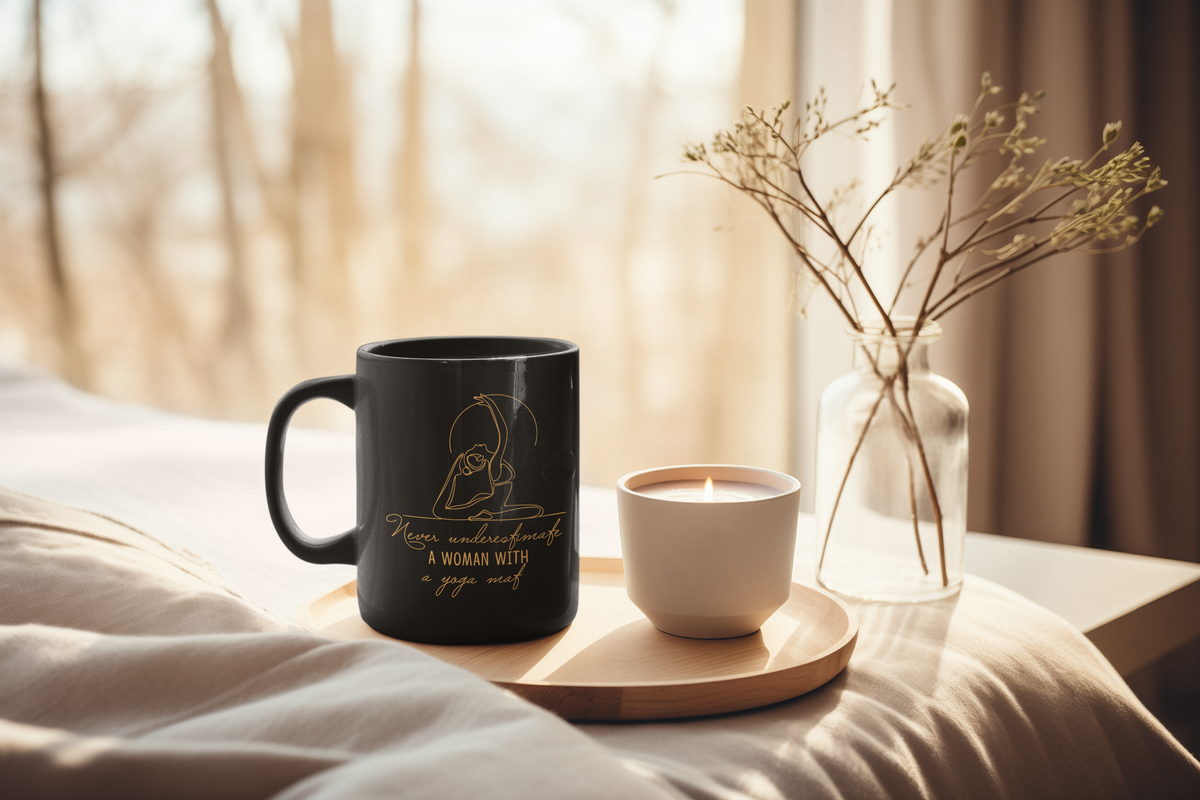 Yoga Woman Black Coffee Mug - "Never Underestimate a Woman with a Yoga Mat" Yoga Coffee Cup I Minimalist Gift For Yogi I Meditation Mug