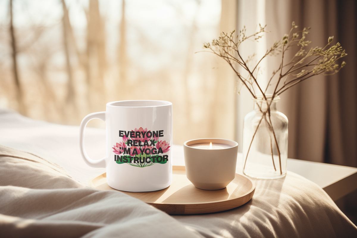 Yoga Instructor Mug — "Everyone Relax I'm A Yoga Instructor" Floral 11oz Coffee Cup I Meditation Gift I Zen Yoga Mug