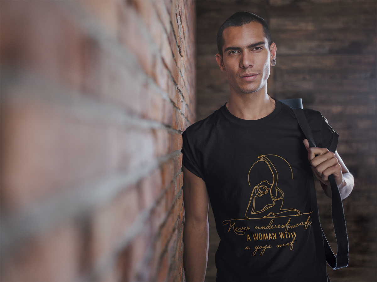 Yoga T-Shirt - "Never Underestimate A Woman with A Yoga Mat" Comfort Tee I Funny Yoga Shirt I Meditation Gift For Yogini