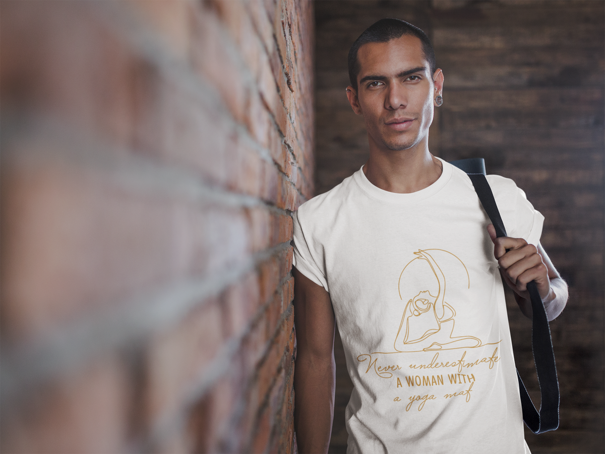 Yoga T-Shirt - "Never Underestimate A Woman with A Yoga Mat" Comfort Tee I Funny Yoga Shirt I Meditation Gift For Yogini