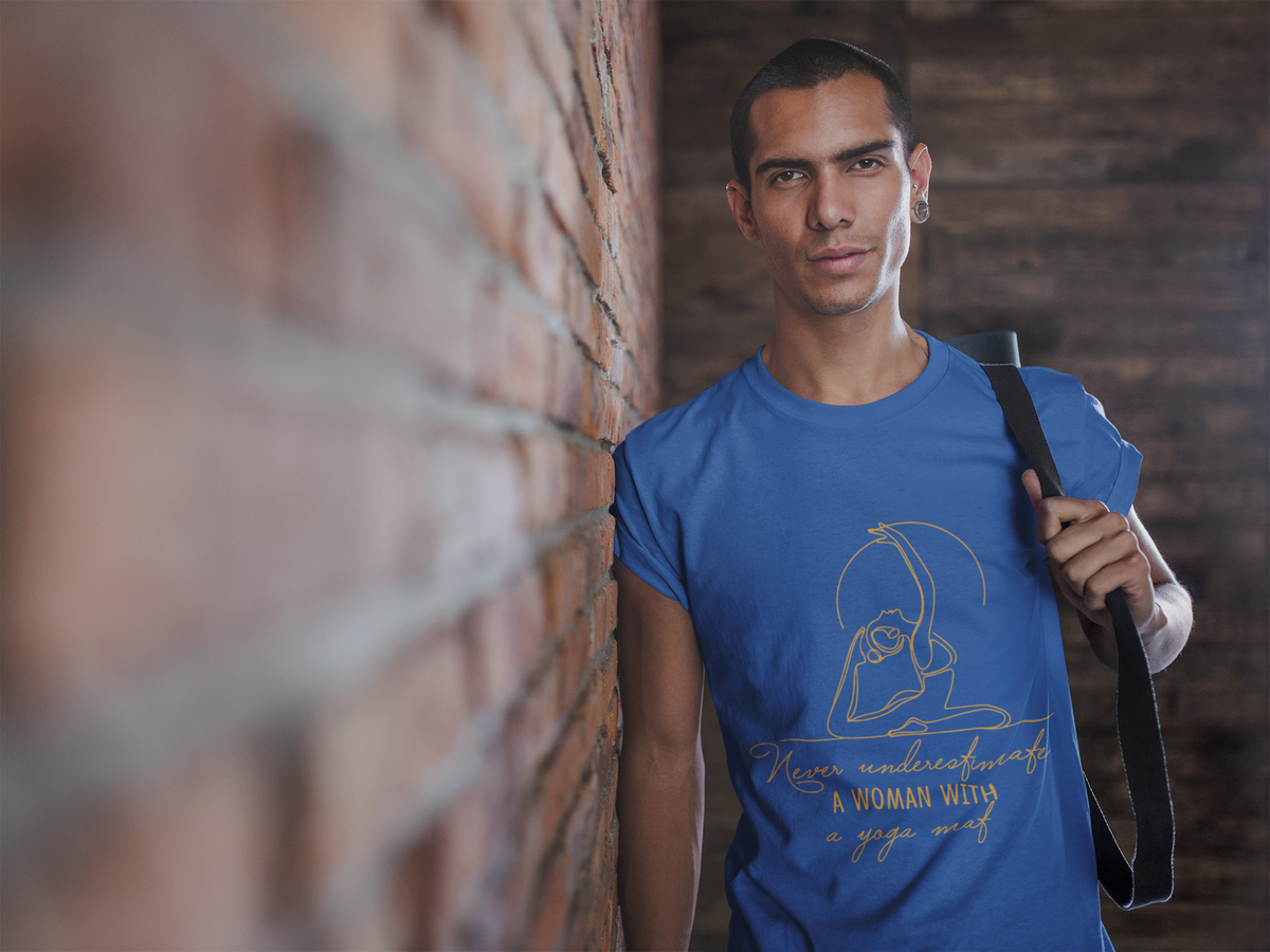 Yoga T-Shirt - "Never Underestimate A Woman with A Yoga Mat" Comfort Tee I Funny Yoga Shirt I Meditation Gift For Yogini