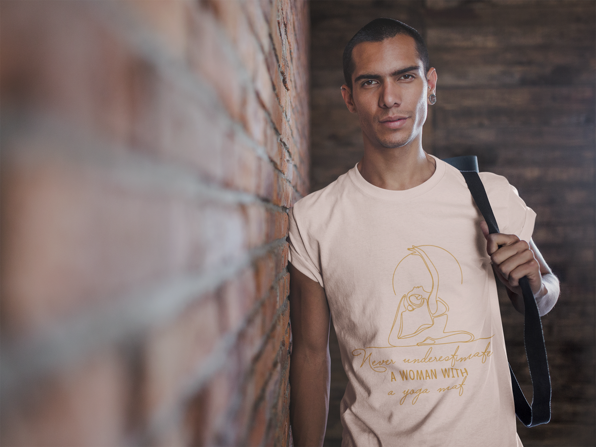 Yoga T-Shirt - "Never Underestimate A Woman with A Yoga Mat" Comfort Tee I Funny Yoga Shirt I Meditation Gift For Yogini