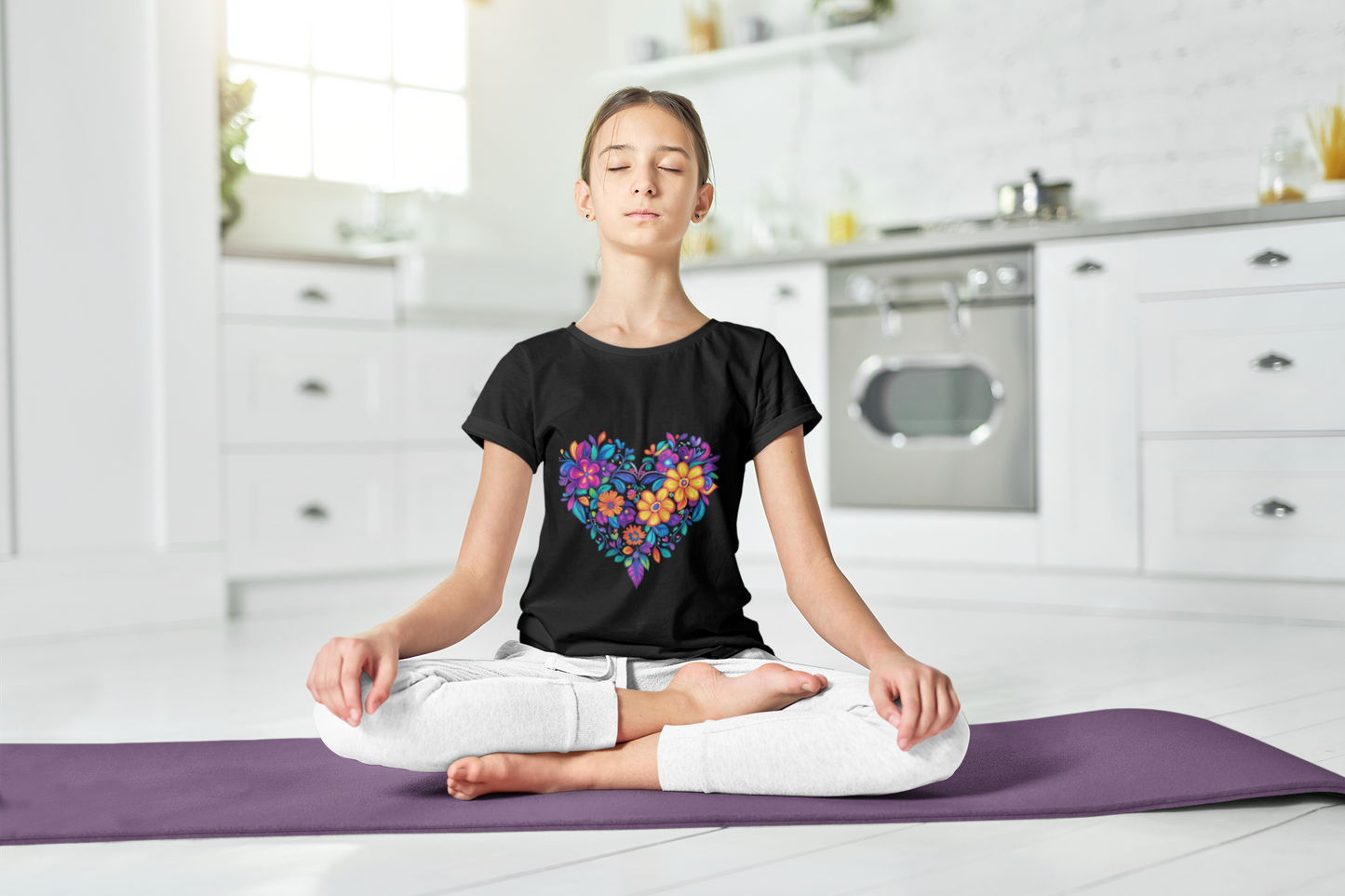 Floral Heart Youth Yoga Tee - Cute Kids T-Shirt I Spring Outfit for Young Yogis I Birthday Gift I Flower Design Top I Children's Fashion