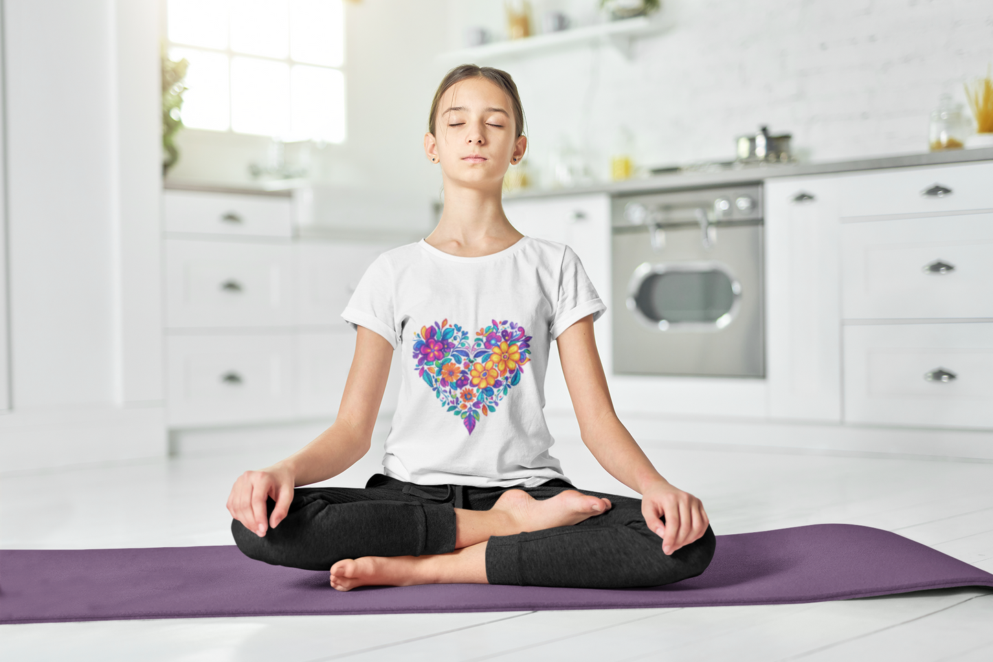 Floral Heart Youth Yoga Tee - Cute Kids T-Shirt I Spring Outfit for Young Yogis I Birthday Gift I Flower Design Top I Children's Fashion