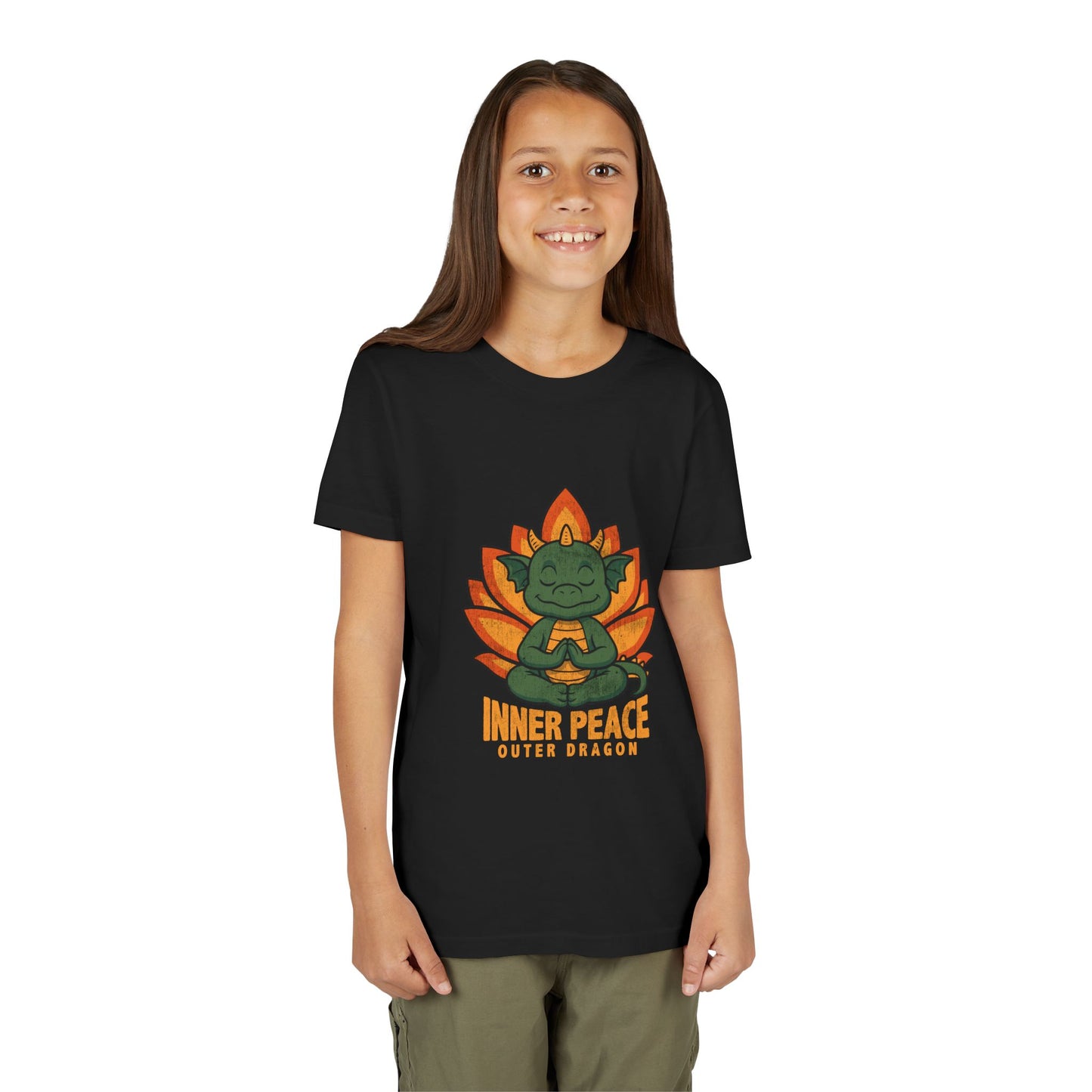 Inner Peace Outer Dragon Kids Yoga T-Shirt - Cute Meditating Dragon Kids Shirt I Girls, Boys Retro Yoga Tee