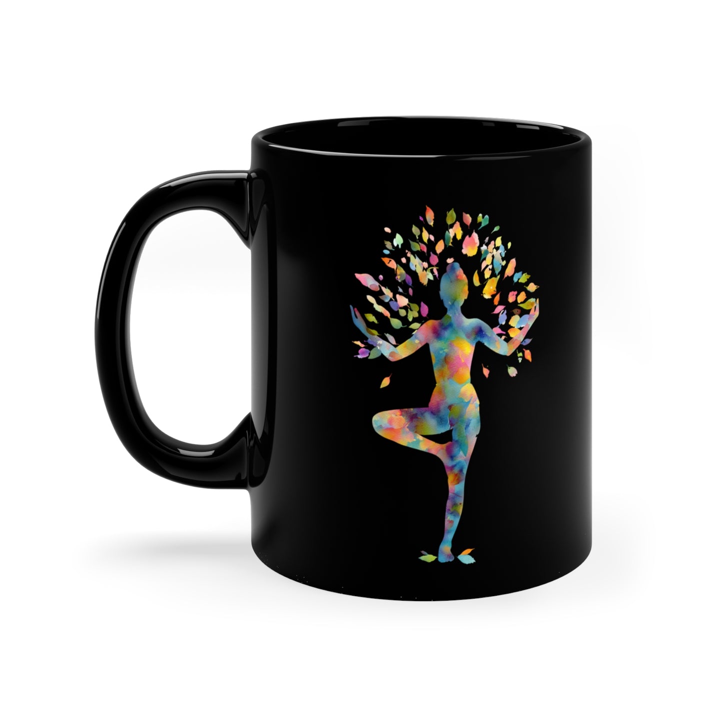 Colorful Tree Pose Black Coffee Mug - 11oz Nature Lover Gift I Yoga Decor I Motivational Drinkware I Spiritual Homeware I Birthday Gift