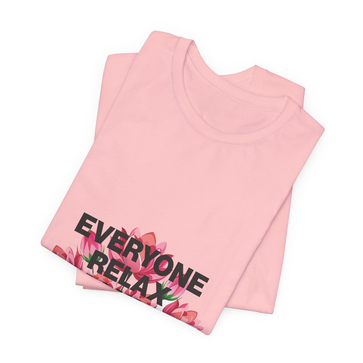 Pink tank top with 'Everyone Relax' text and floral design on a white background