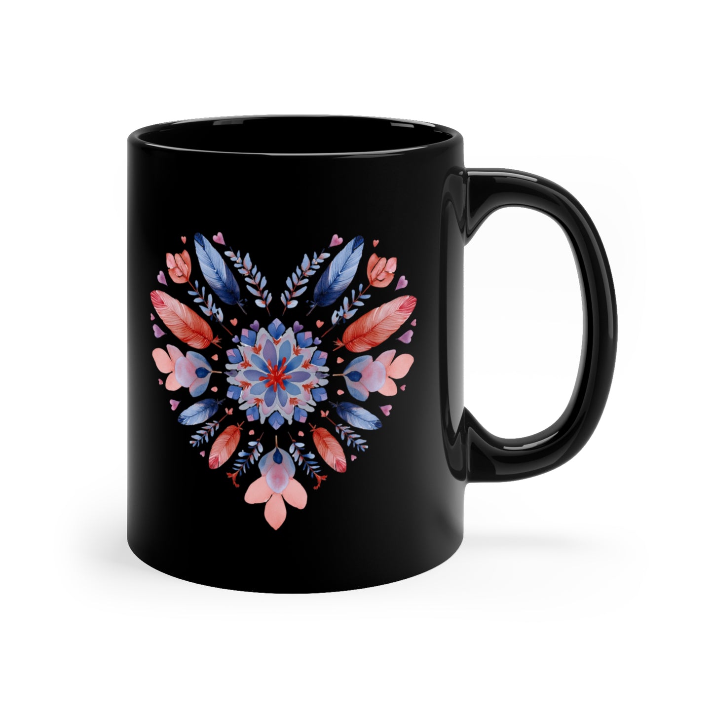 Heartwarming Floral Heart Mandala Black Coffee Mug | Perfect Gift for Coffee Lovers I Self-Care Yoga I Home Decor I Valentine's Day I Birthdays I Office Use