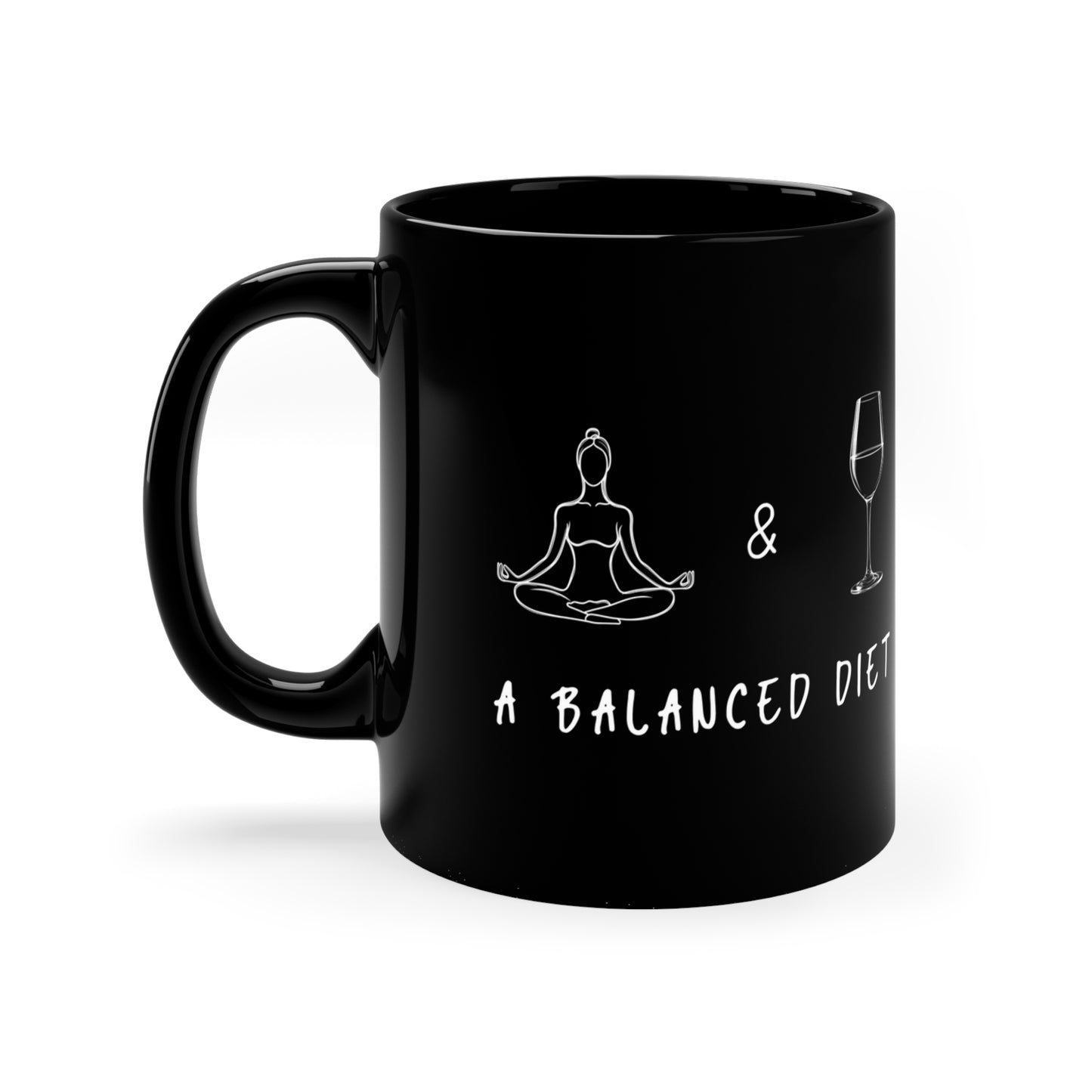 Yoga & Wine A Balanced Diet Coffee Mug - Fun Gift for Yoga Lovers I Balanced Diet Theme I 11oz Black Mug I Unique Kitchen Deco I Home Office