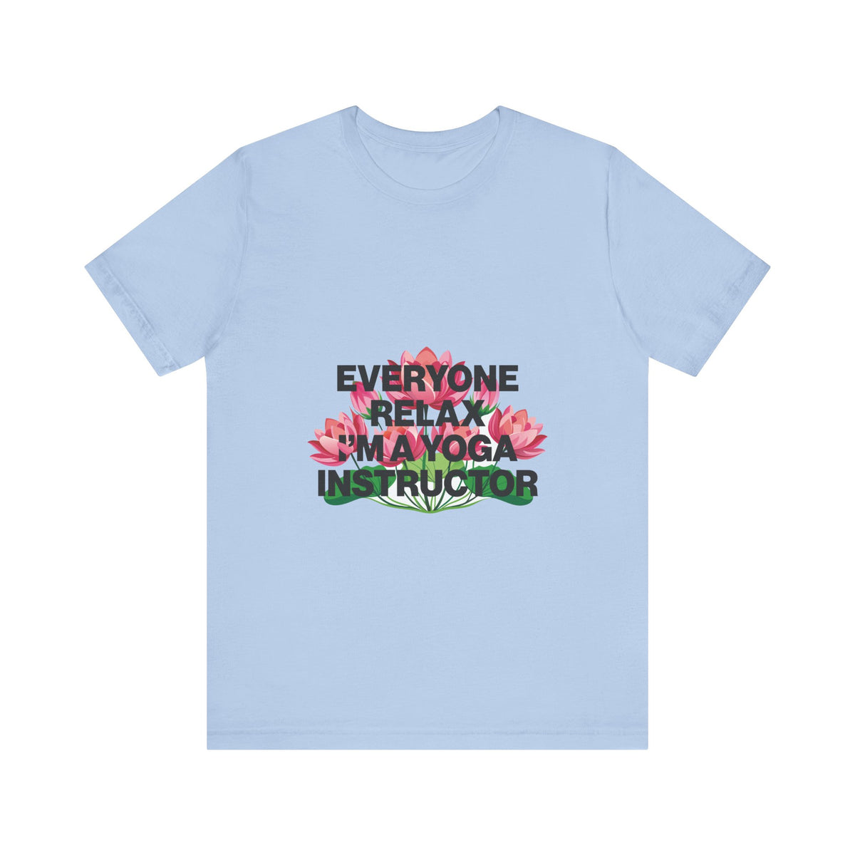 Light blue t-shirt with floral design and text on a white background
