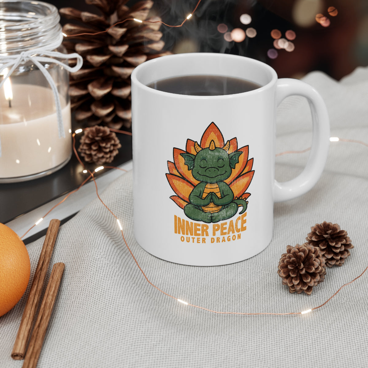 Inner Peace Outer Dragon Mug — Cute Meditating Dragon 11oz Coffee Cup I Retro Lotus Gift For Yogi