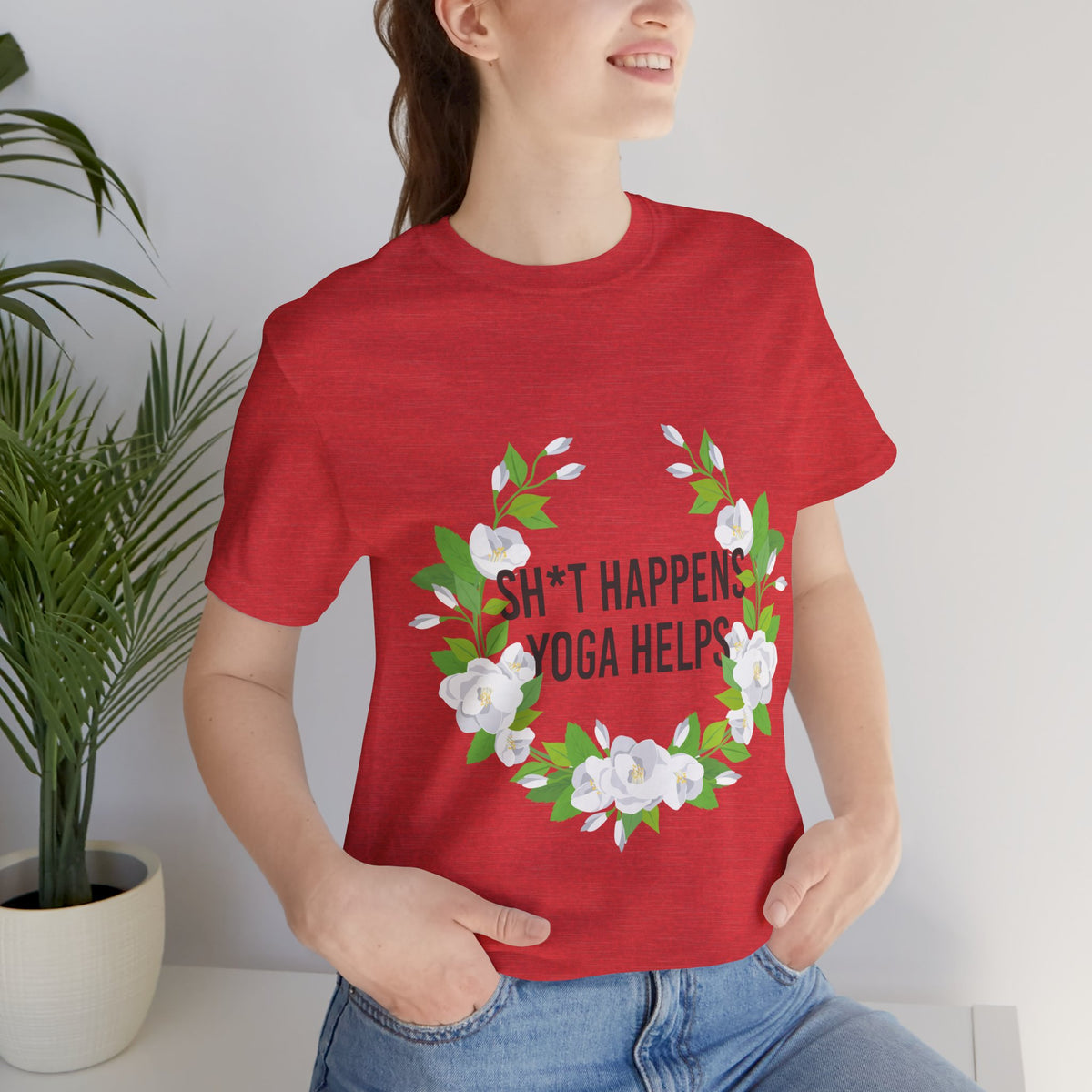Yoga Tee “Sh*t Happens, Yoga Helps” Floral Relaxation T-Shirt I Funny Yoga Shirt I Meditation Gift For Yogini