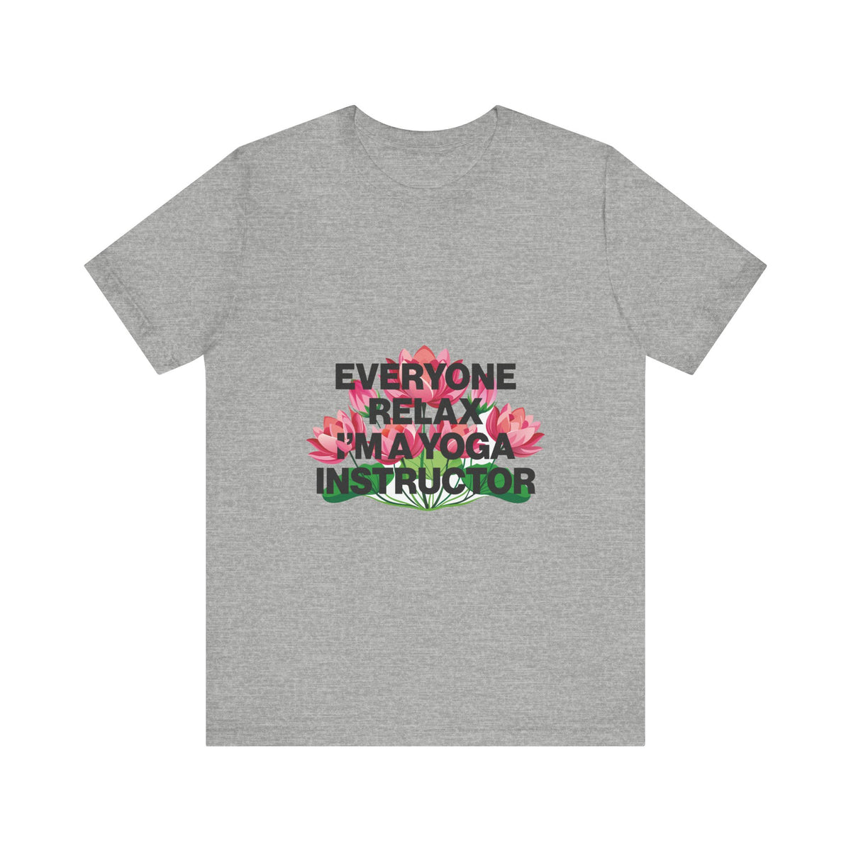 Gray t-shirt with floral design and text on a white background