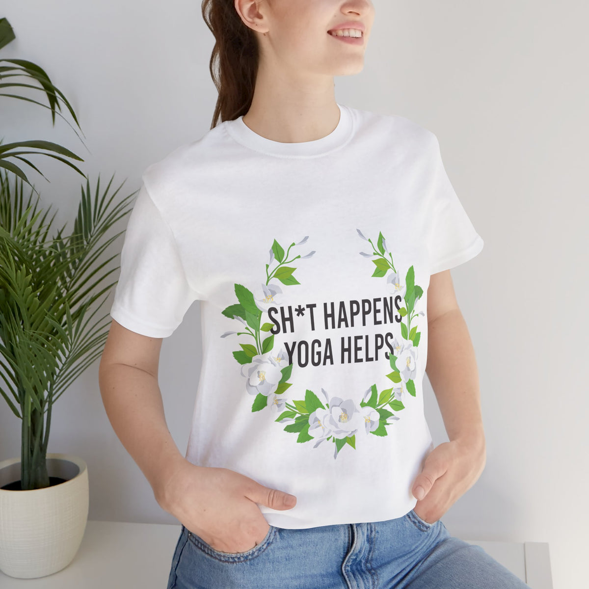 Yoga Tee “Sh*t Happens, Yoga Helps” Floral Relaxation T-Shirt I Funny Yoga Shirt I Meditation Gift For Yogini