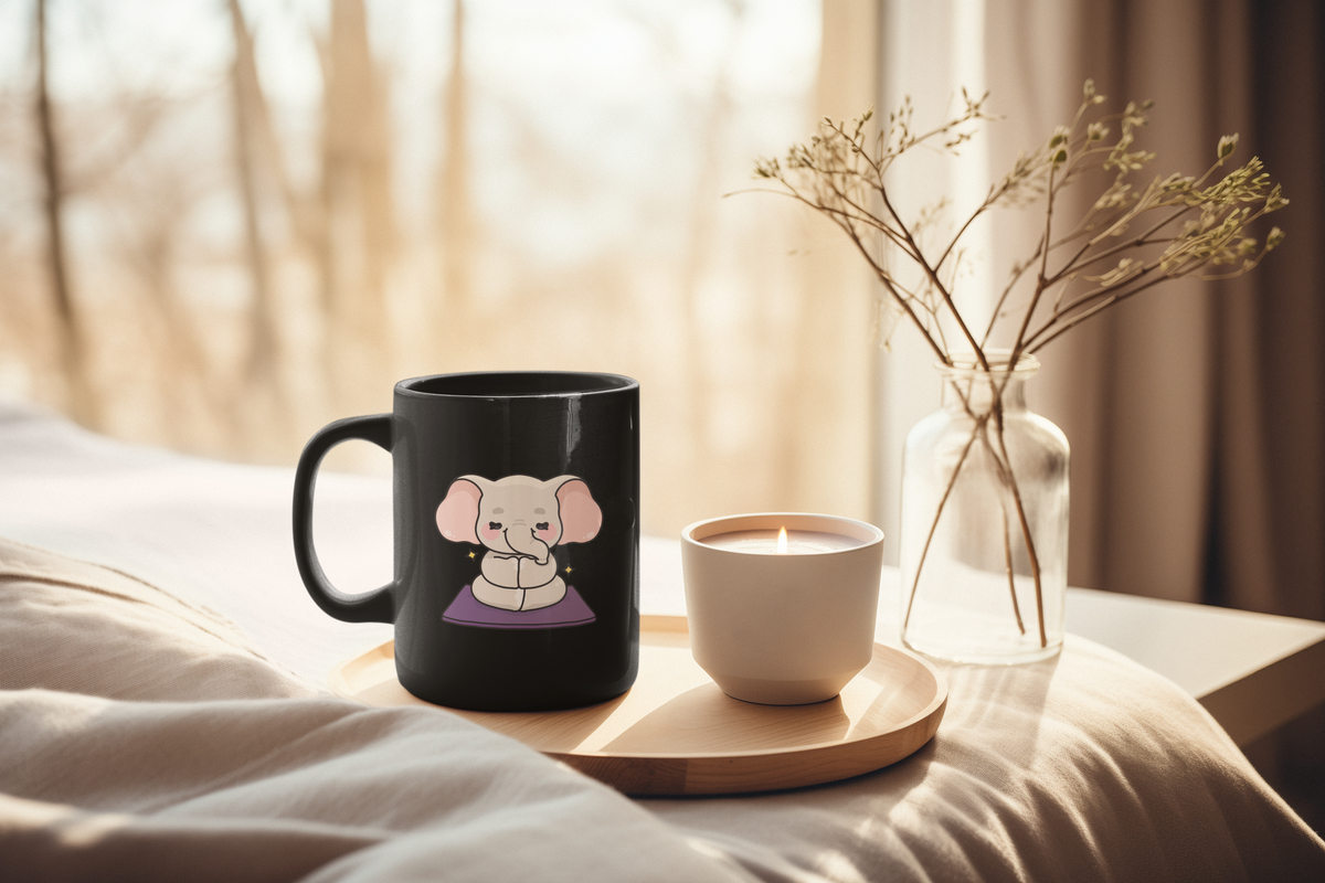 Meditating Elephant Coffee Mug — Cute Zen 11oz Black Mug I Yoga Lover's Gift I Mug For Yogini I Mindfulness Coffee Cup