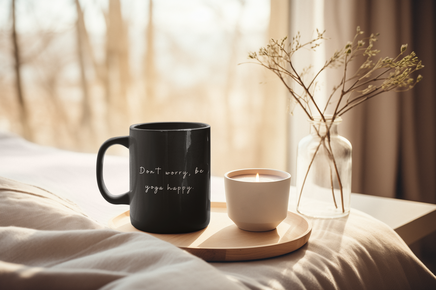 Don't Worry Be Yoga Happy - Black Coffee Mug with Motivational Quote I Perfect for Yoga Lovers I Gifts for Friends I Home Decor I Office Supplies I Mindfulness Reminder