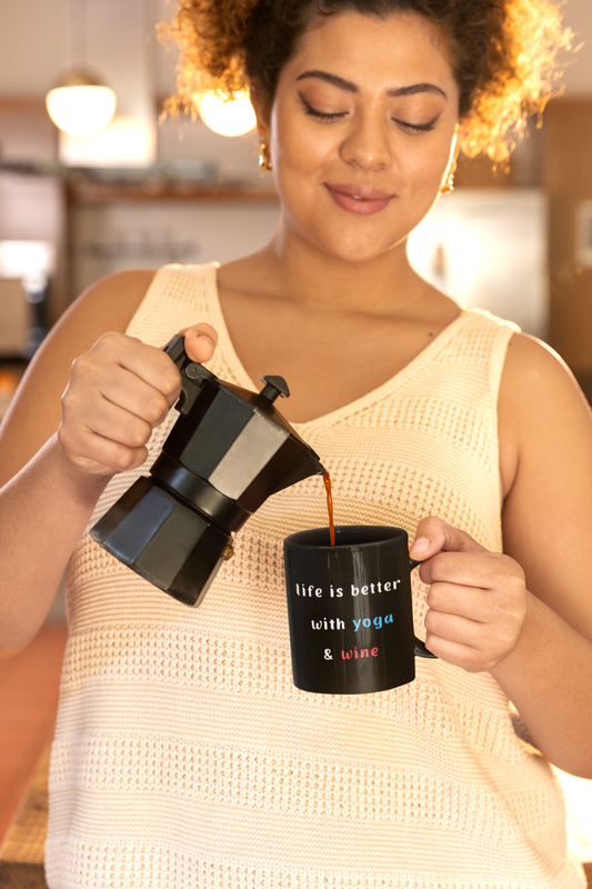 Life is Better with Yoga & Wine Mug I Fun Coffee Cup I Perfect Gift for Yoga Lovers I Housewarming I Birthday I Black Mug