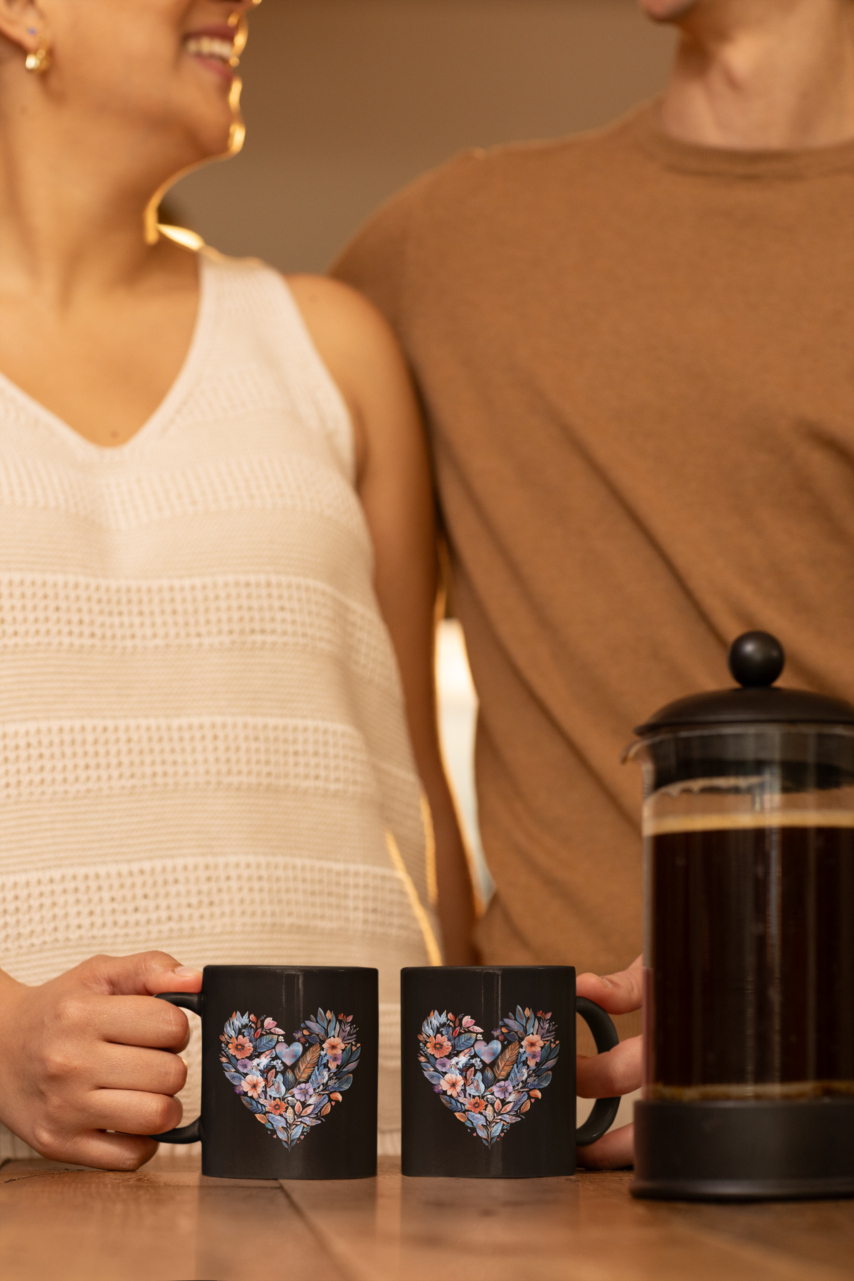 Floral Heart Black Coffee Mug - Yoga Coffee Cup I Meditation Gift I Romantic Floral Tea Cup I Colorful Mandala Mug