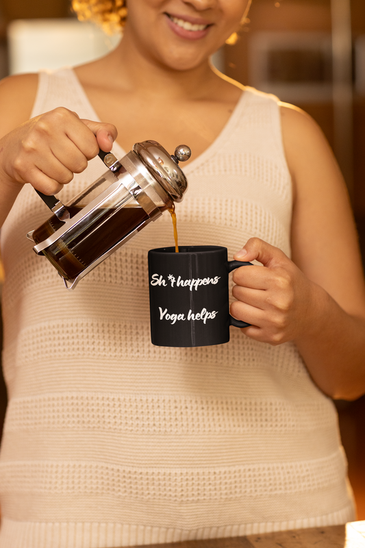 Sh*t Happens Yoga Helps - Funny Yoga Coffee Mug I Gift for Yogis I Wellness Vibe I Black Ceramic Cup I Unique Tea Mug I Self-Care Drinkware