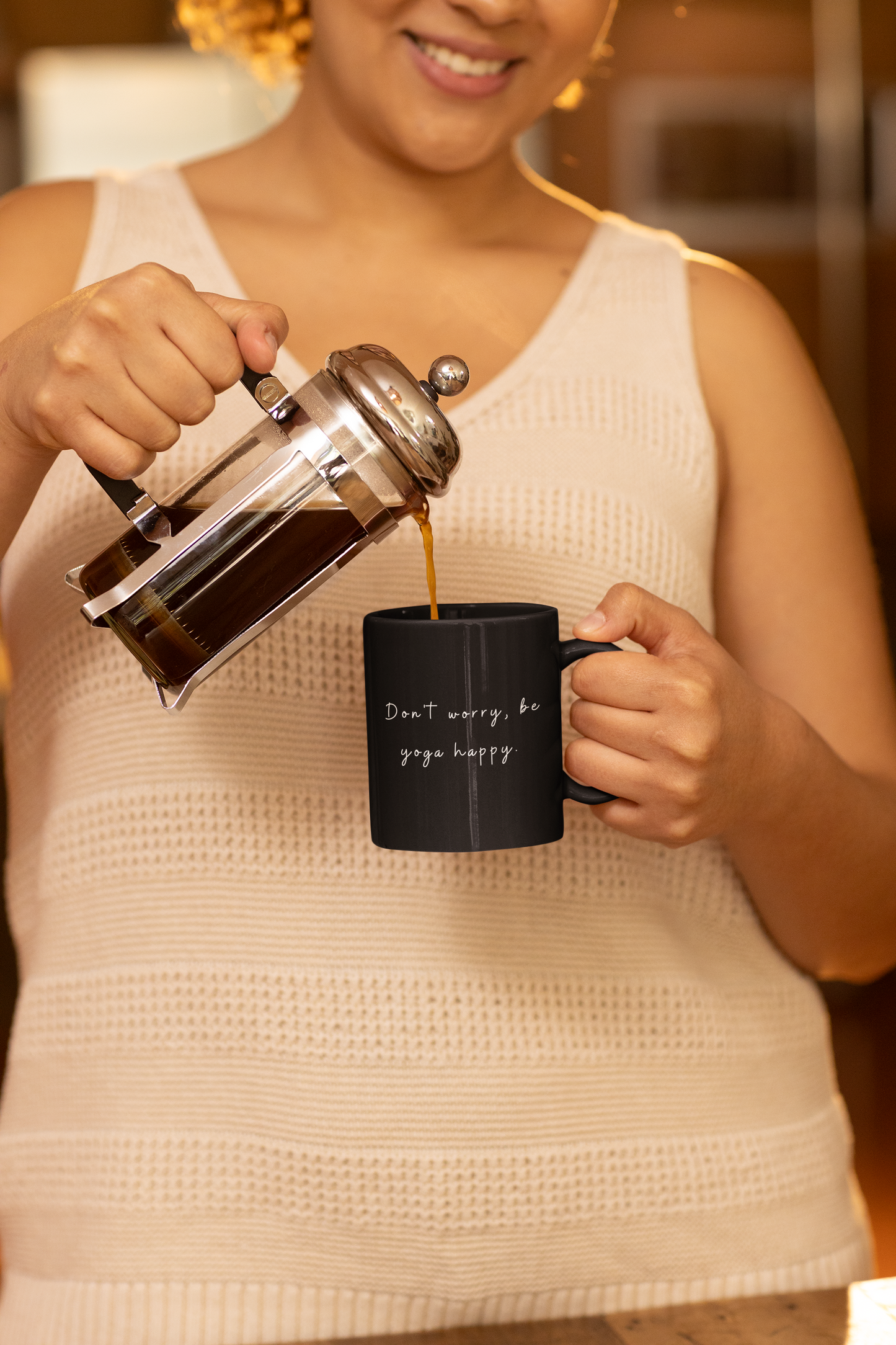 Don't Worry Be Yoga Happy - Black Coffee Mug with Motivational Quote I Perfect for Yoga Lovers I Gifts for Friends I Home Decor I Office Supplies I Mindfulness Reminder