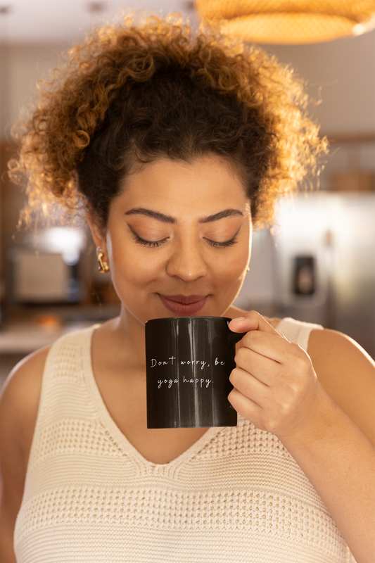 Don't Worry Be Yoga Happy - Black Coffee Mug with Motivational Quote I Perfect for Yoga Lovers I Gifts for Friends I Home Decor I Office Supplies I Mindfulness Reminder
