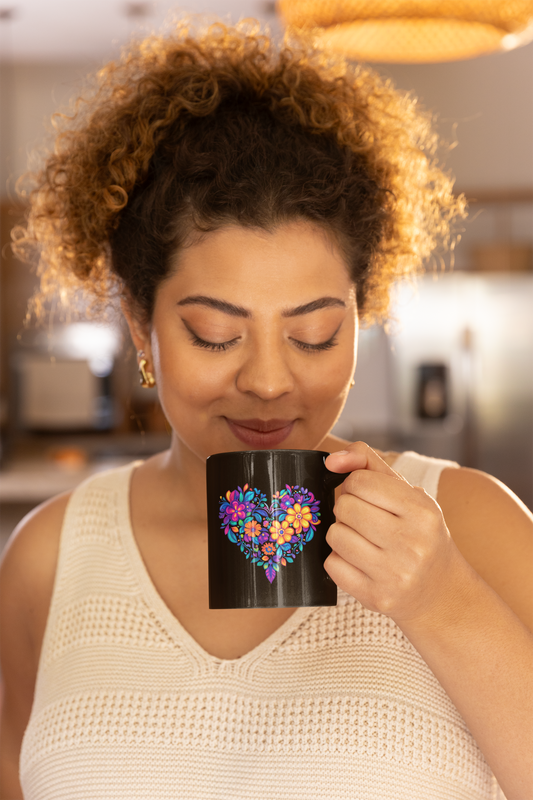 Vibrant Floral Heart Mandala Coffee Mug I Colorful Gift for Yoga Lovers I Unique Home Decor I Artistic Tea Cup I Perfect for Birthdays I Self-Care Yoga