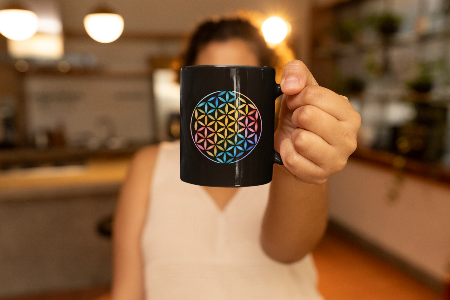 Colorful Flower of Life Black Coffee Mug | Spiritual Gift I Boho Decor I Tea Lover's Mug I Rainbow Art I Self-Care Yoga I Unique Kitchenware
